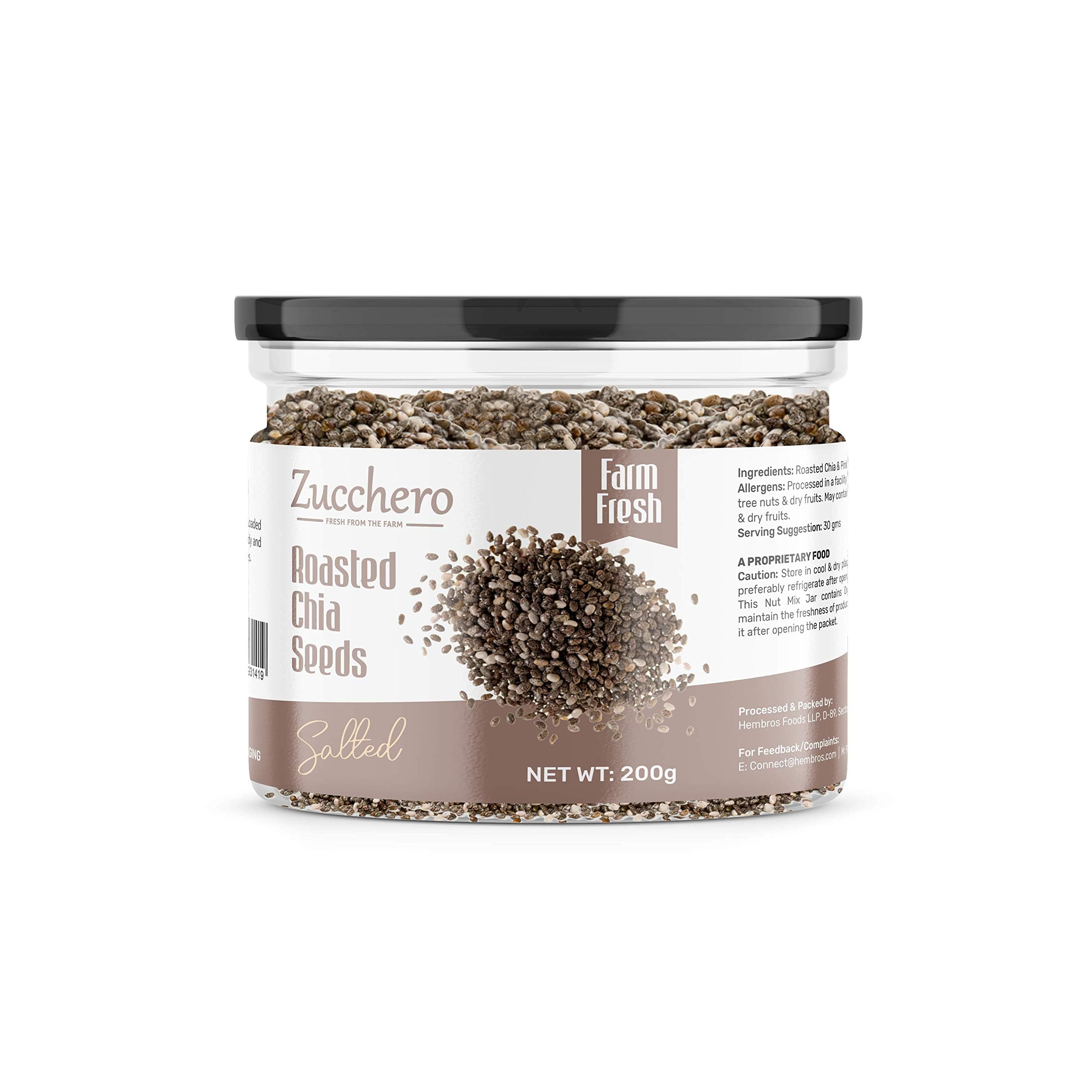 Zucchero Roasted Chia Seed, Lightly Salted, 200g - Tiny Powerhouse | Omega-3 | Weight-loss Dry Roasting | Oil-Free| Slow baked Seeds