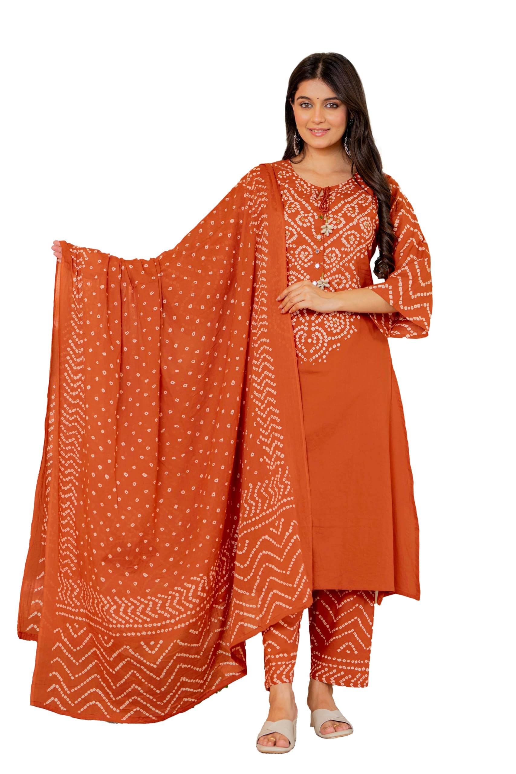 Pistaa's Women's Bandhani Printed Regular Pure Cotton Kurta Set With Dupatta