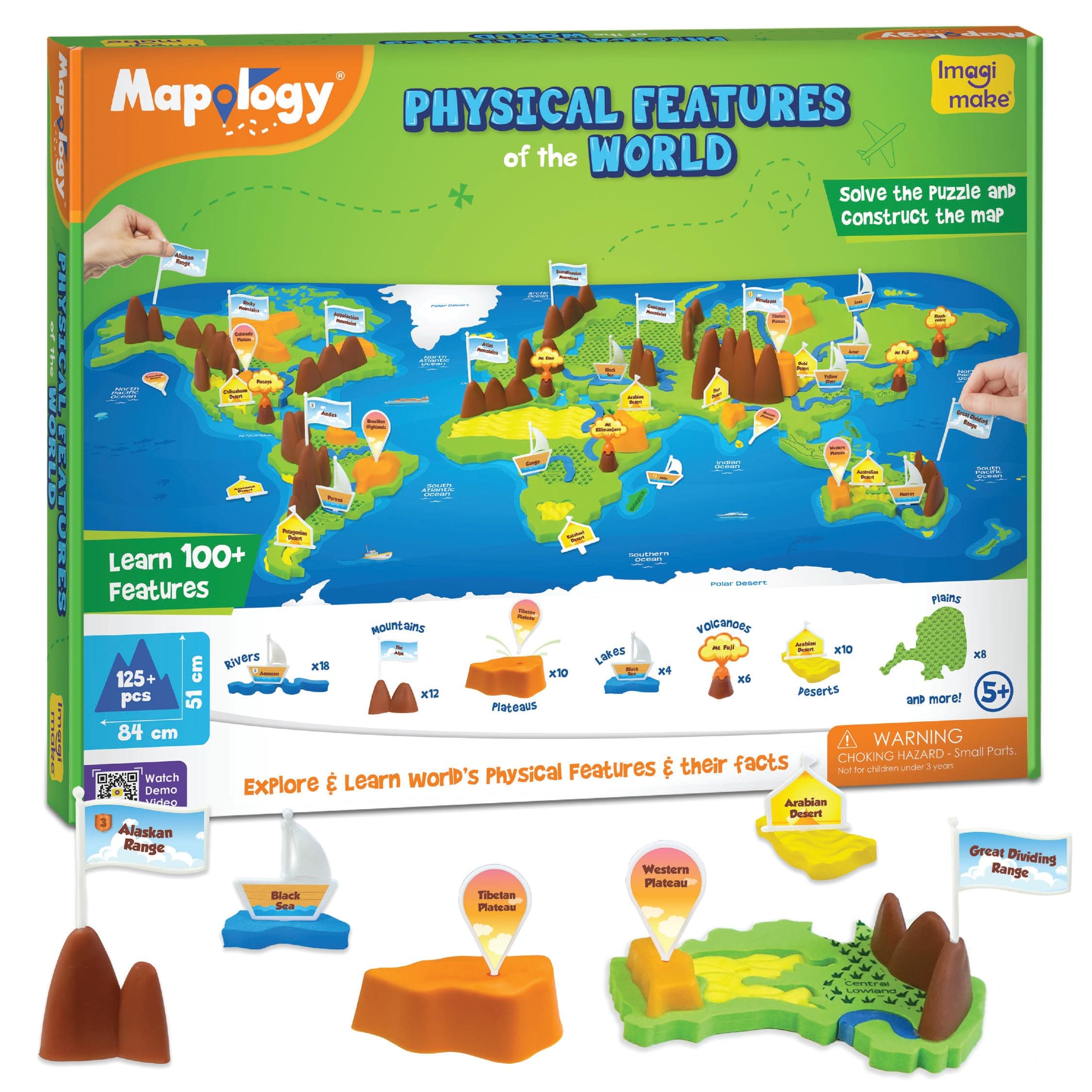Imagimake Mapology World Physical Features | 3D Puzzle | Age 5+ | 3-ft world puzzle: river, lake & desert pieces plus 3D mountains & plateaus; learn 100+ physical features; dual-sided mat