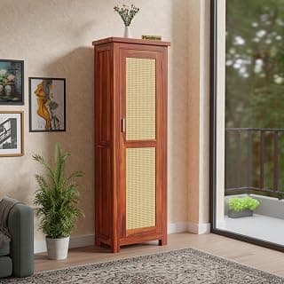 Sheesham Wooden Wardrobe Closet with Cane Door | Single Door Wooden Almirah for Bedroom Storage | Clothes Organizer Cabinet with 5 Shelves - Rattan Wardrobe for Living Room & Bedroom (Honey)