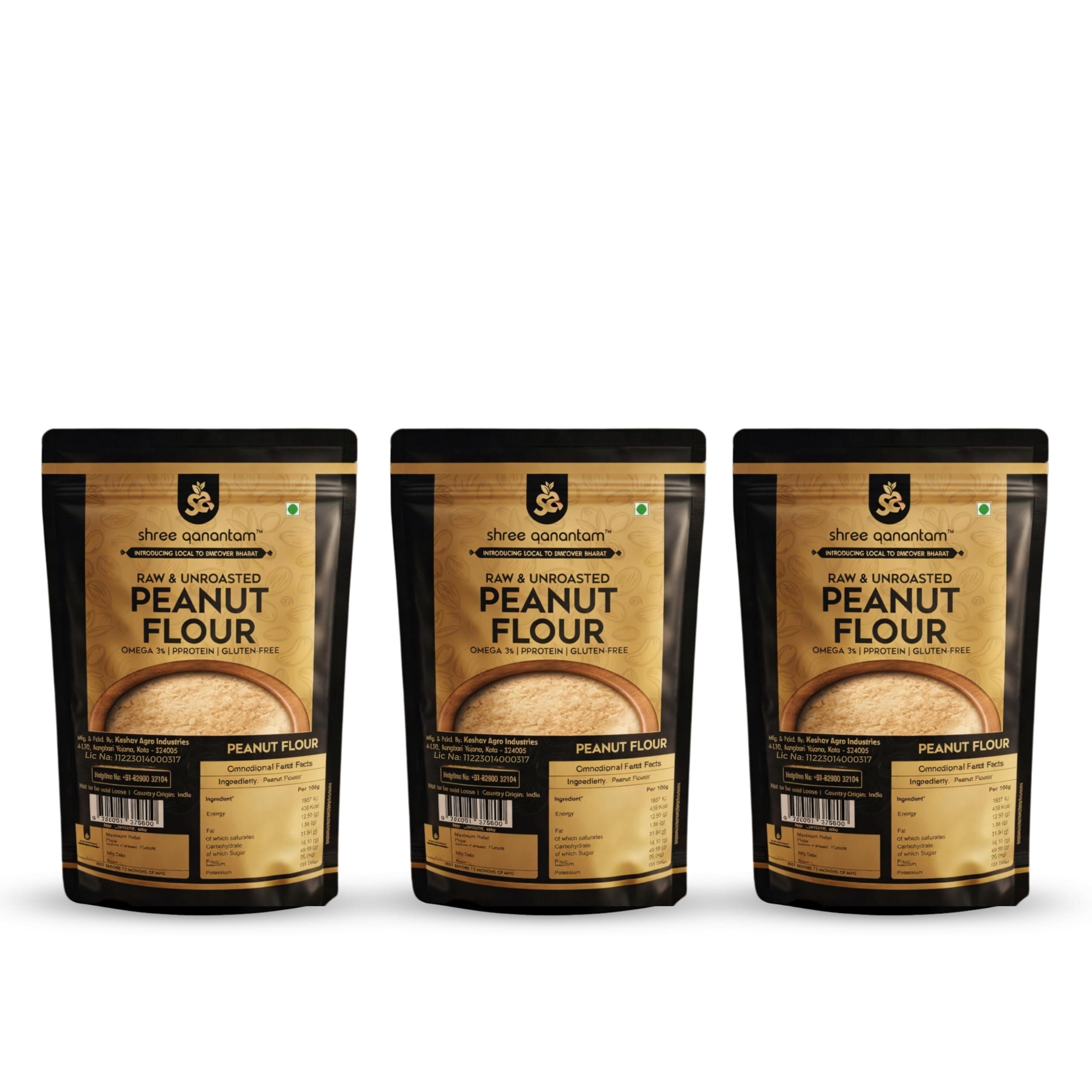 Shree Aanantam Peanut Flour - 3x900gr| All Natural | Vegan | Gluten Free Ingredients | Non-GMO | Indian Origin | Protein Rich
