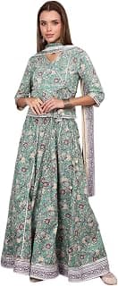 Aurelia Women's Green Floral Printed Lace Pure Cotton Straight Top, Skirt and Stole Set