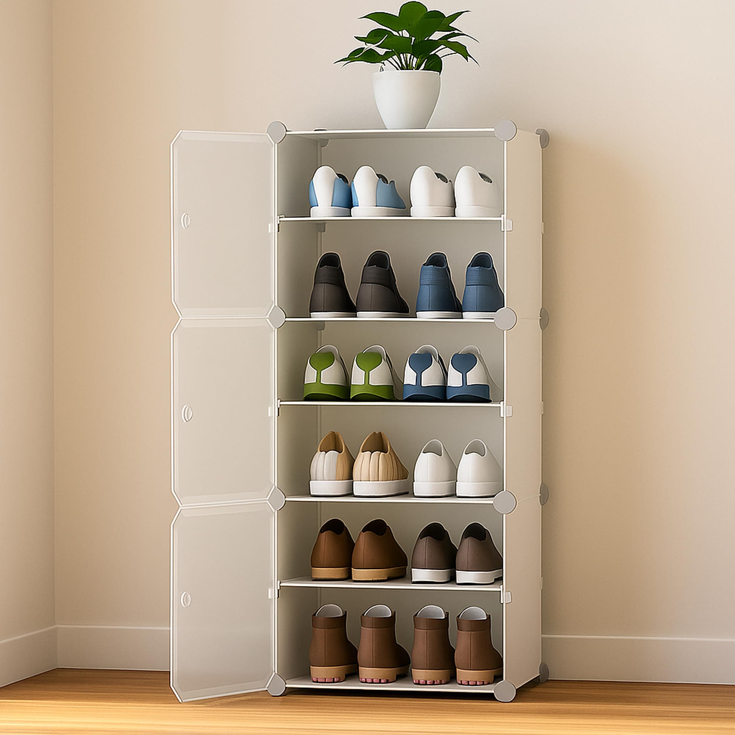 Zemic Multipurpose Modular Plastic Shoe Rack for Home with Door | 𝟔 𝐒𝐡𝐞𝐥𝐟 Stackable Organizer | Waterproof & Dustproof | Space Saving Storage for Home, Bedroom & Entryway【White, 3-Door-6-Shelf】