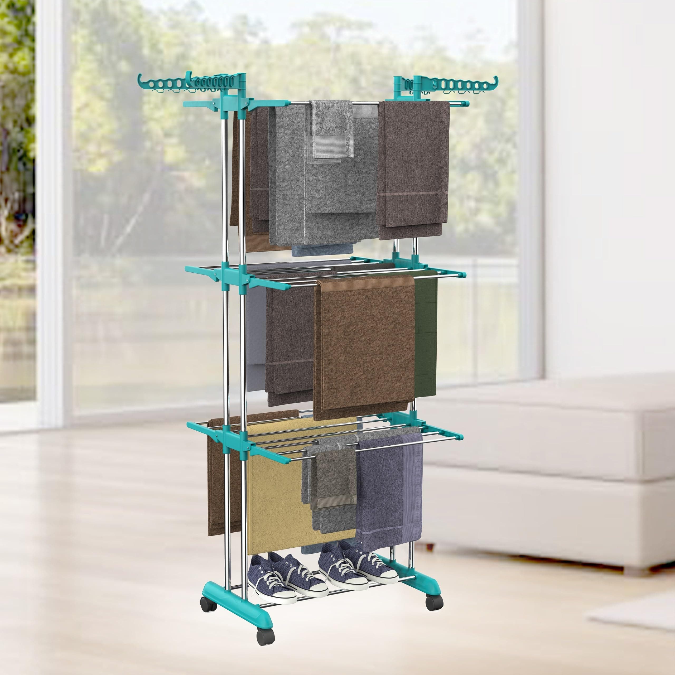 LOT Ley Stainless Steel Clothes Drying Stand Foldable, Double Rack Cloth Dryer Stand, Heavy Duty Laundry Drying Rack, Rust Proof Steel Stand for Clothes, Indoor & Outdoor, 120 x 54 x 94 cm (skygreen)