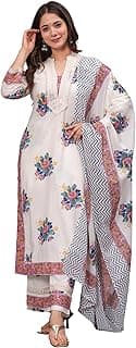 Amayra Women's Pure Cotton Printed Straight Kurta Set with Palazzo Pants & Dupatta- Ethnic Wear, White