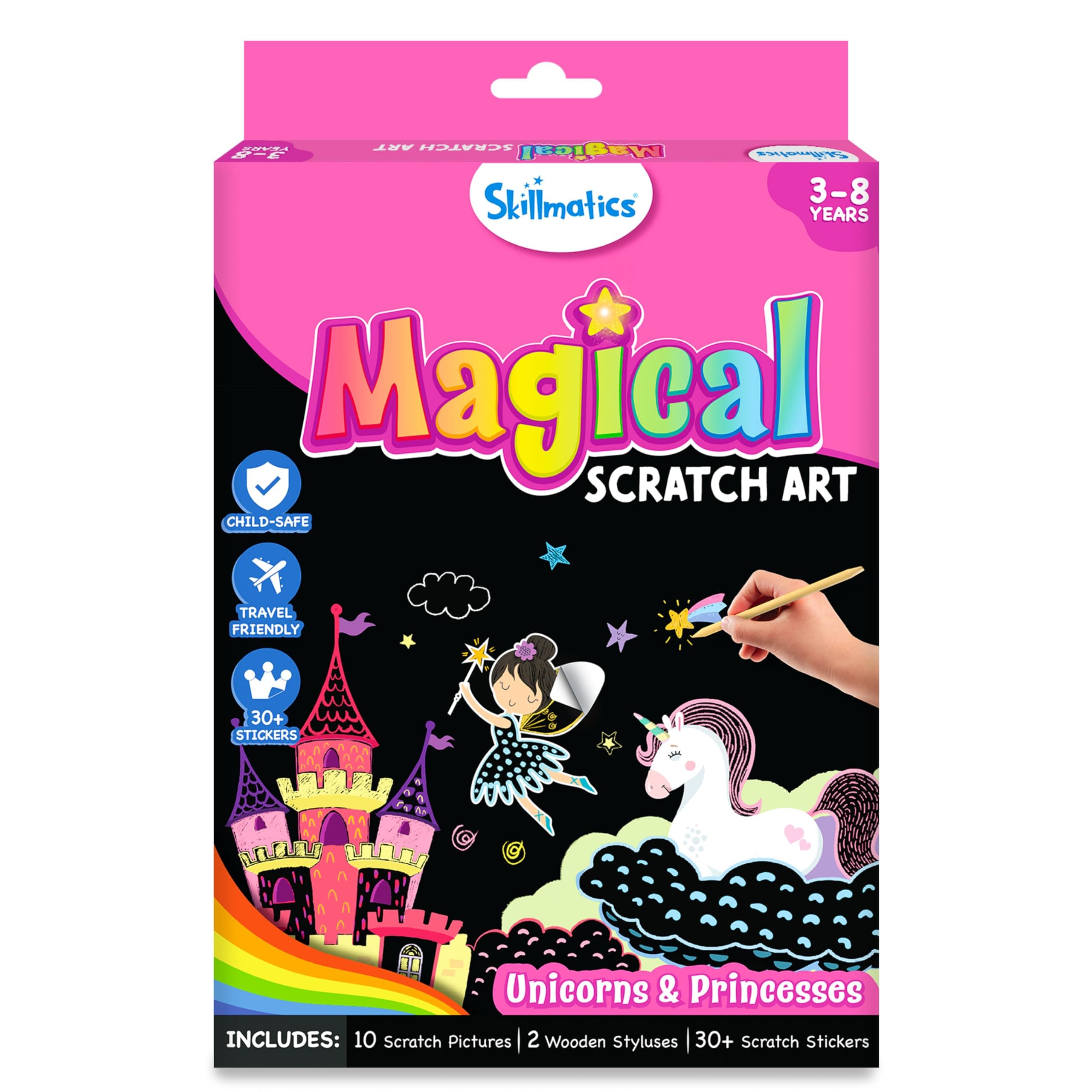 Skillmatics Scratch Art Book for Kids - Unicorns & Princesses, Craft Kits & Supplies, 30+ Scratch Stickers, Travel Toys, DIY Kit, Gifts for Girls & Boys Ages 3, 4, 5, 6, 7, 8, Multicolor