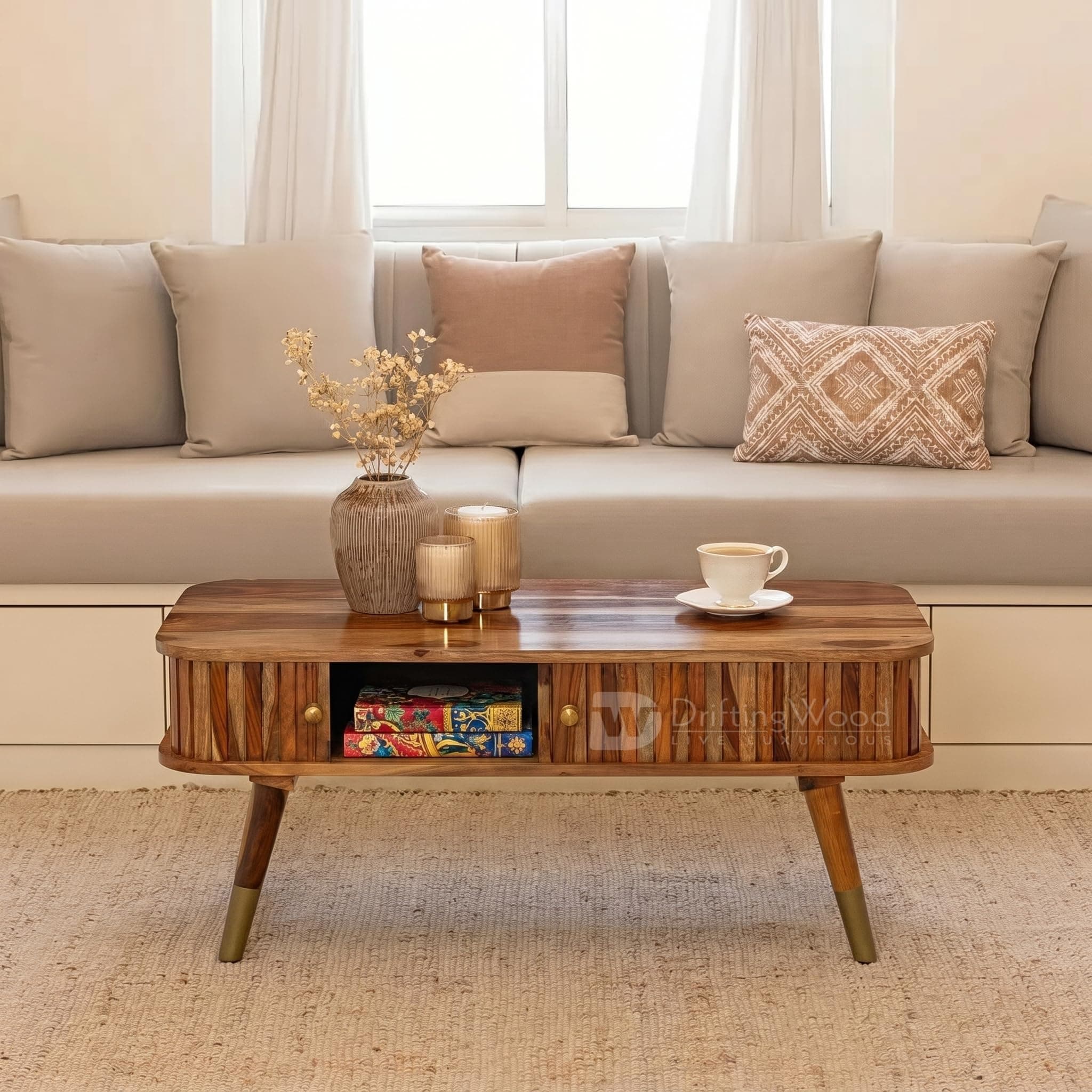 DRIFTINGWOOD Travor Solid Sheesham Wood Coffee Table with Storage | Center Table for Living Room | Tea Table with Sliding Doors and 2 Compartments | Natural Finish