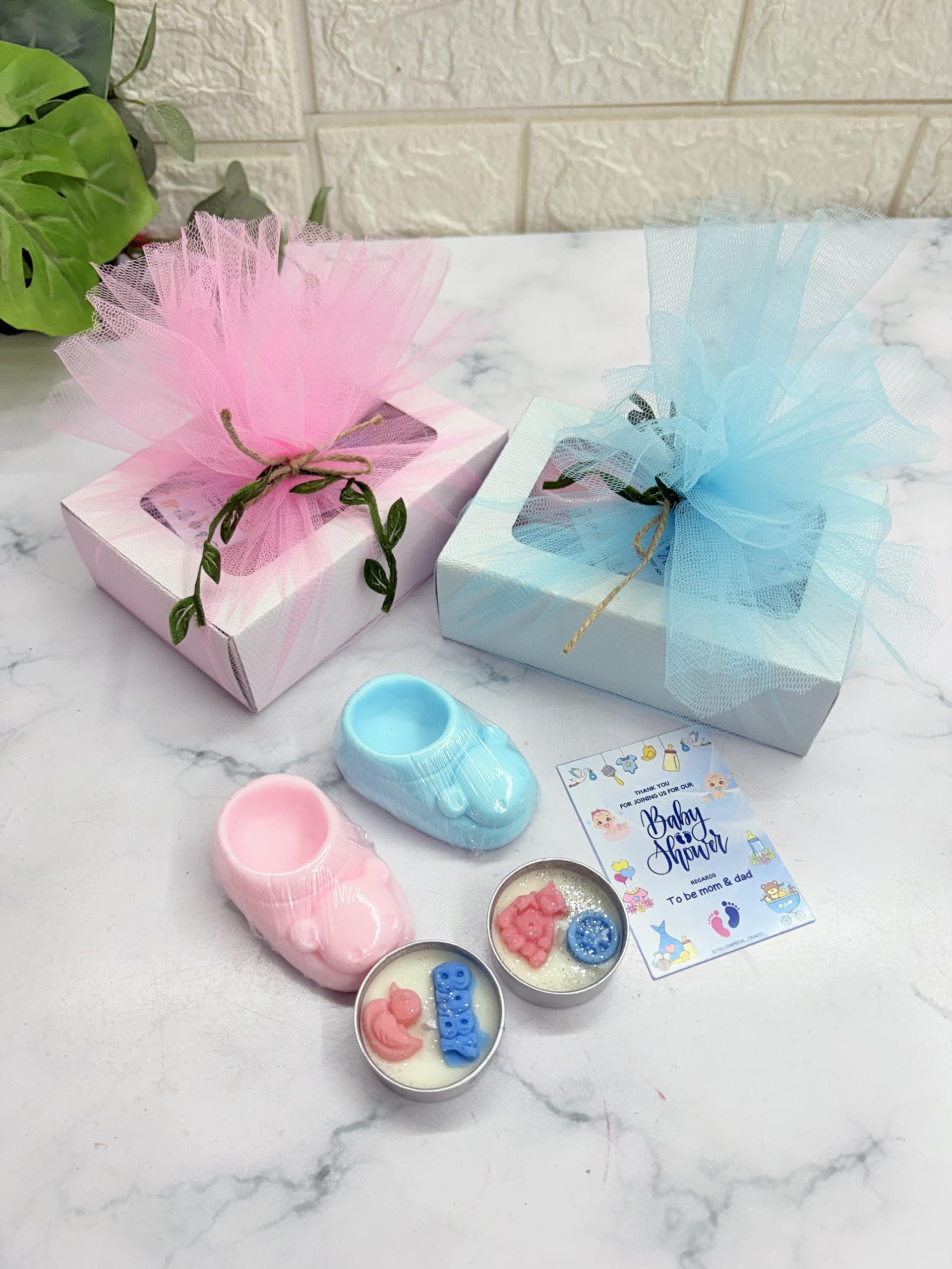 Yellow Petal®- Shoe soap & tealight Candle Box,Baby Shower & Birthday Return Gift, Handmade Soap and 100% Soy Scented Candles Combo, Box & Card Packing, Pink & Blue Colour (2 Set)