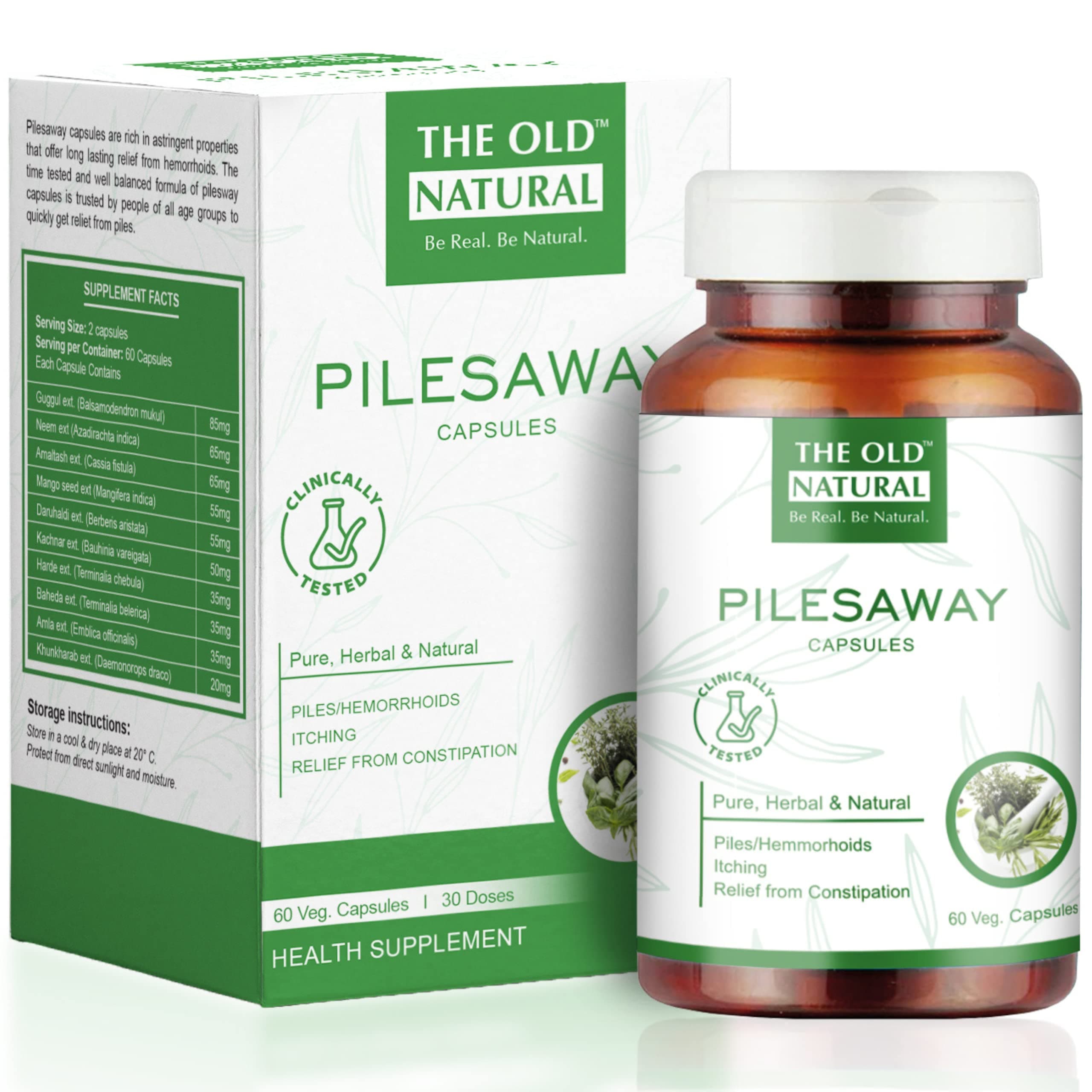The Old Natural Pilesaway Piles medicine I For Piles, Hemorrhoid Support, Bavasir, Fissure. Fistula, Inflammation & Rectum I Fast Relieve In Bleeding, Burning & Pain I 60 Capsules