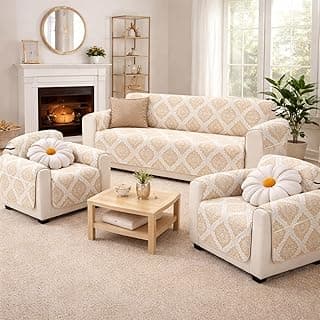 Quilted Sofa Cover 5 Seater | Sofa Cover with Pockets | Microfiber Sofa Cover | 3+1+1 Seater Sofa Cover with Pockets | Sofa Protector Cover for Living Room (Cream Ogee)