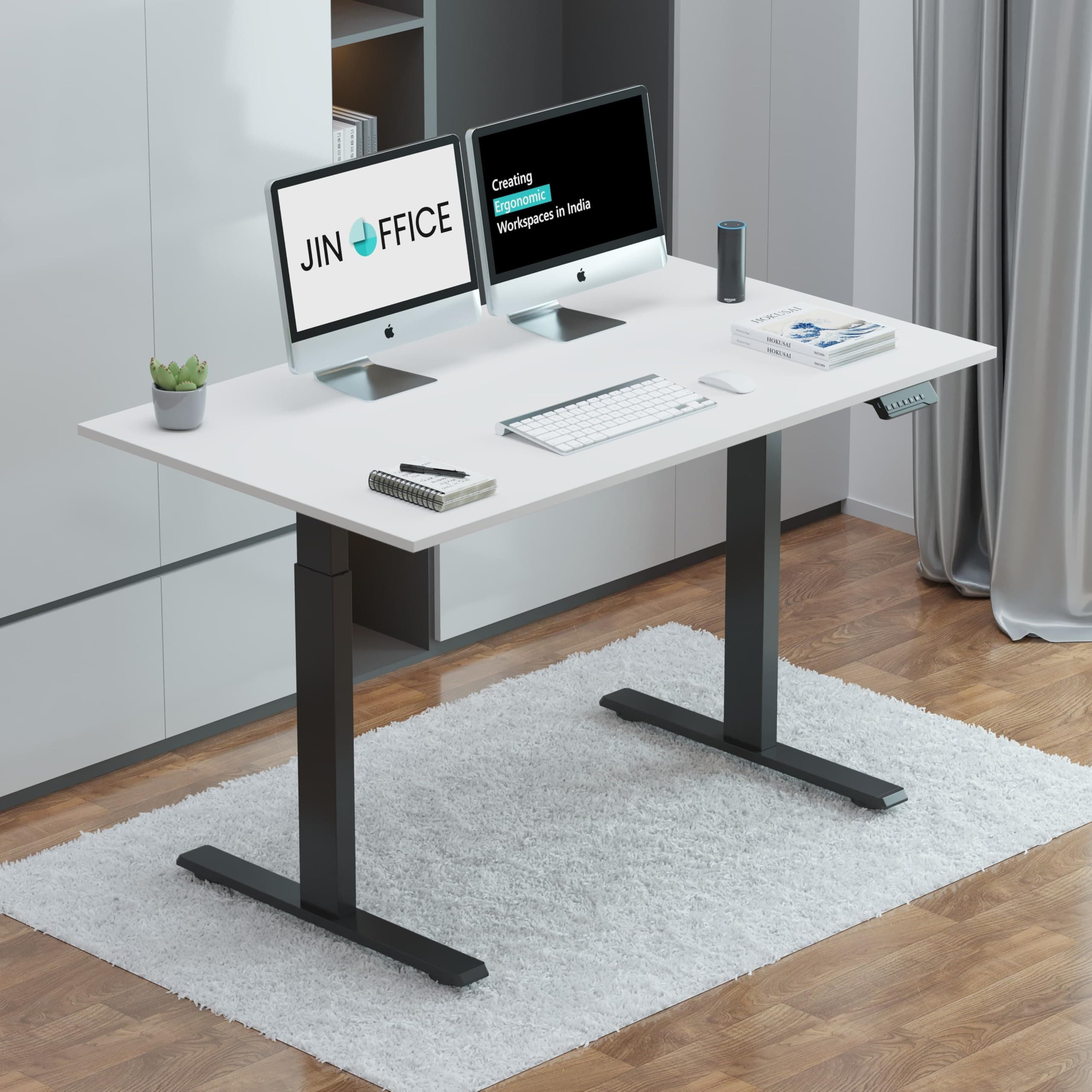 JIN OFFICE Zenith Electric Height Adjustable Table| Standing Desk with 100 Kg Wt. Capacity & 3 Year Warranty| Ergonomic Desk| Sit Stand Table with 3 Memory Preset| Black & White|1200X750mm/25MM Thick