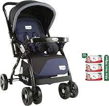 LuvLap Galaxy Stroller Pram, Extra Large Seating Space, Kids, 0-3 Years (Navy/Black) & Paraben Free Wipes for Baby Skin with Aloe Vera, 72 Wipes, Pack with Lid Pack, 3 Packs