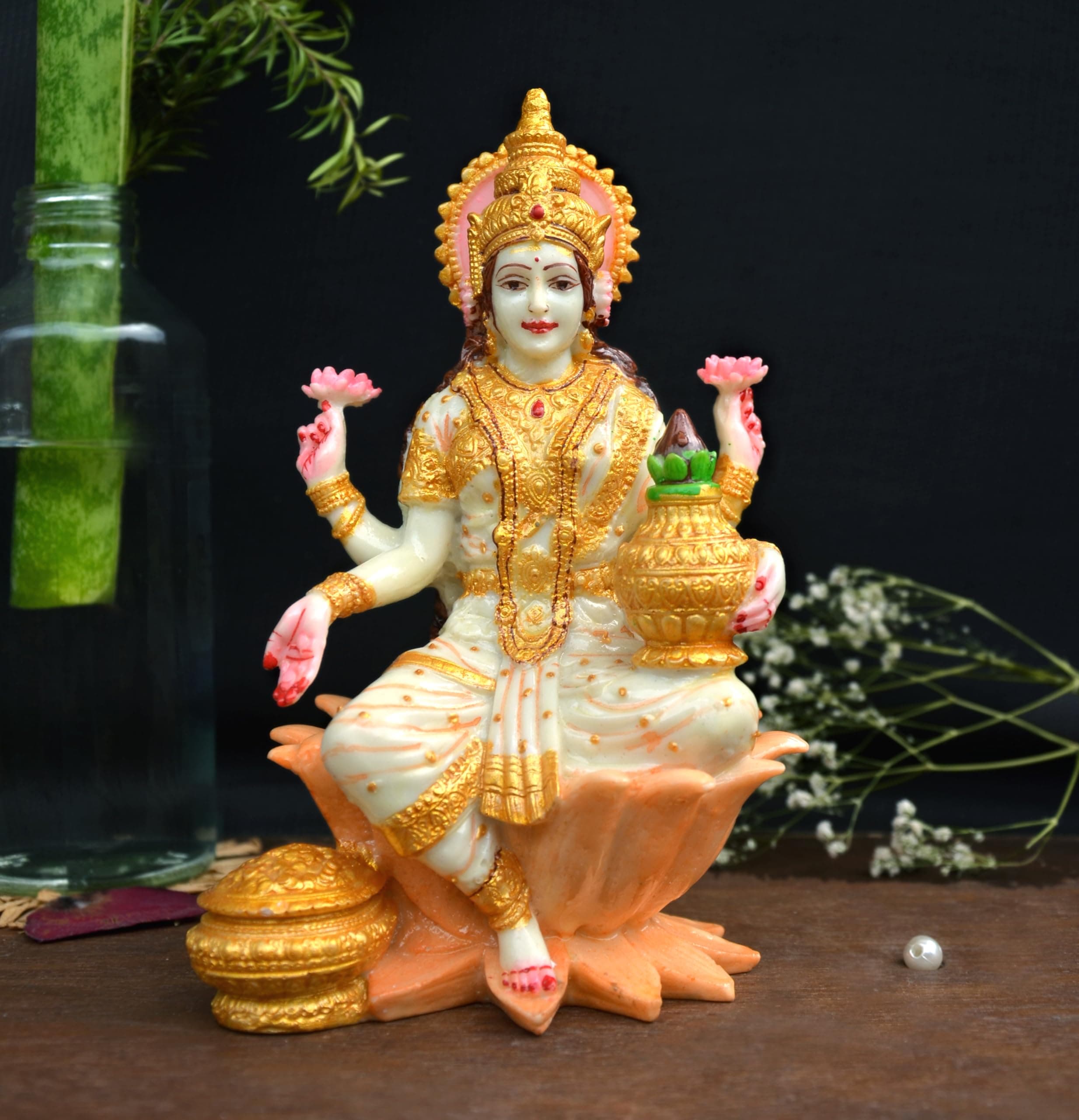 Lakshmi MATA Idol for Home Decor & Pooja | Goddess Laxmi Murti on Lotus | Premium Polyresin Statue | Diwali Decoration, Mandir Idol, Office Desk, Housewarming Gift