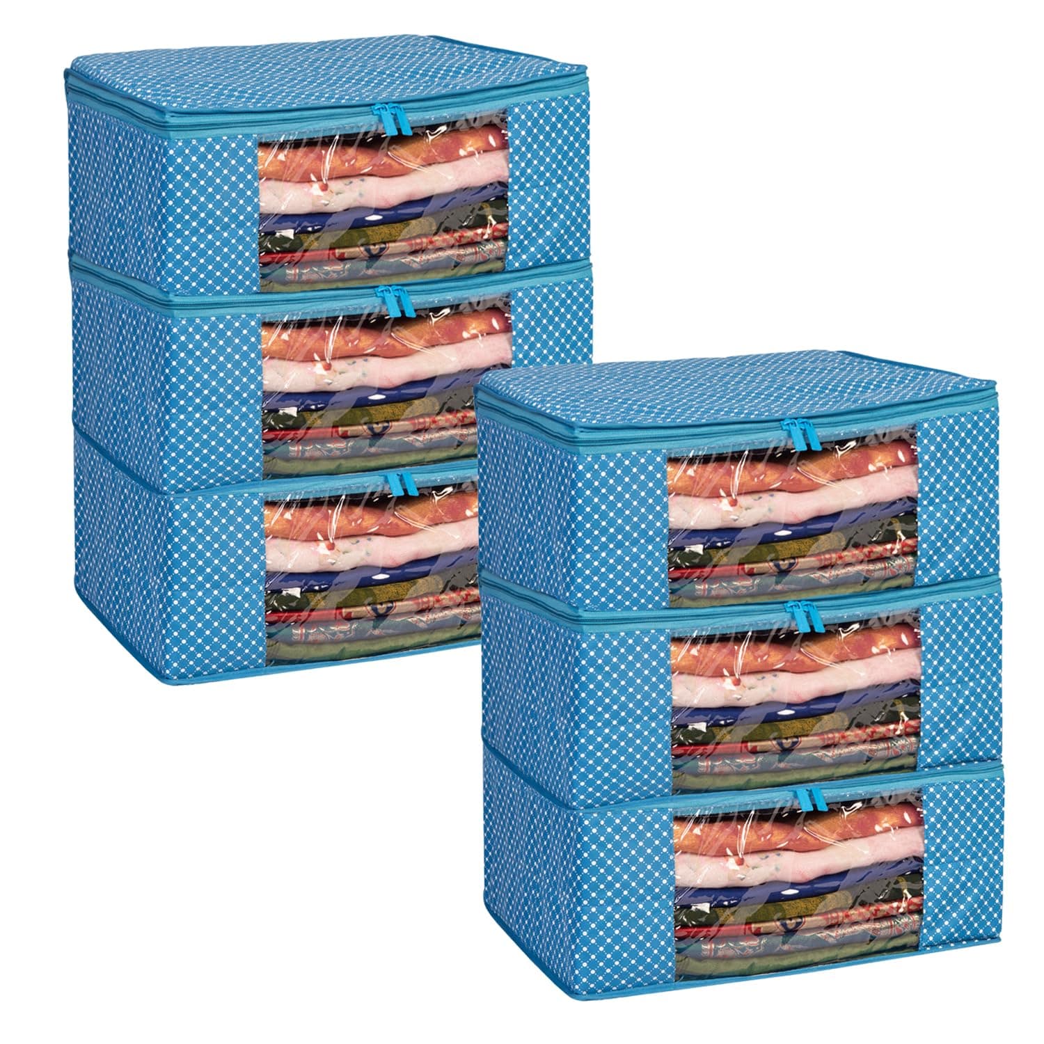 Homestrap Set of 6 Cotton Quilted Saree Covers | 3-Layered Foldable Storage Bags with Transparent Window & Zip | Premium Wardrobe Organizer for Sarees, Lehengas, Dresses | Blue