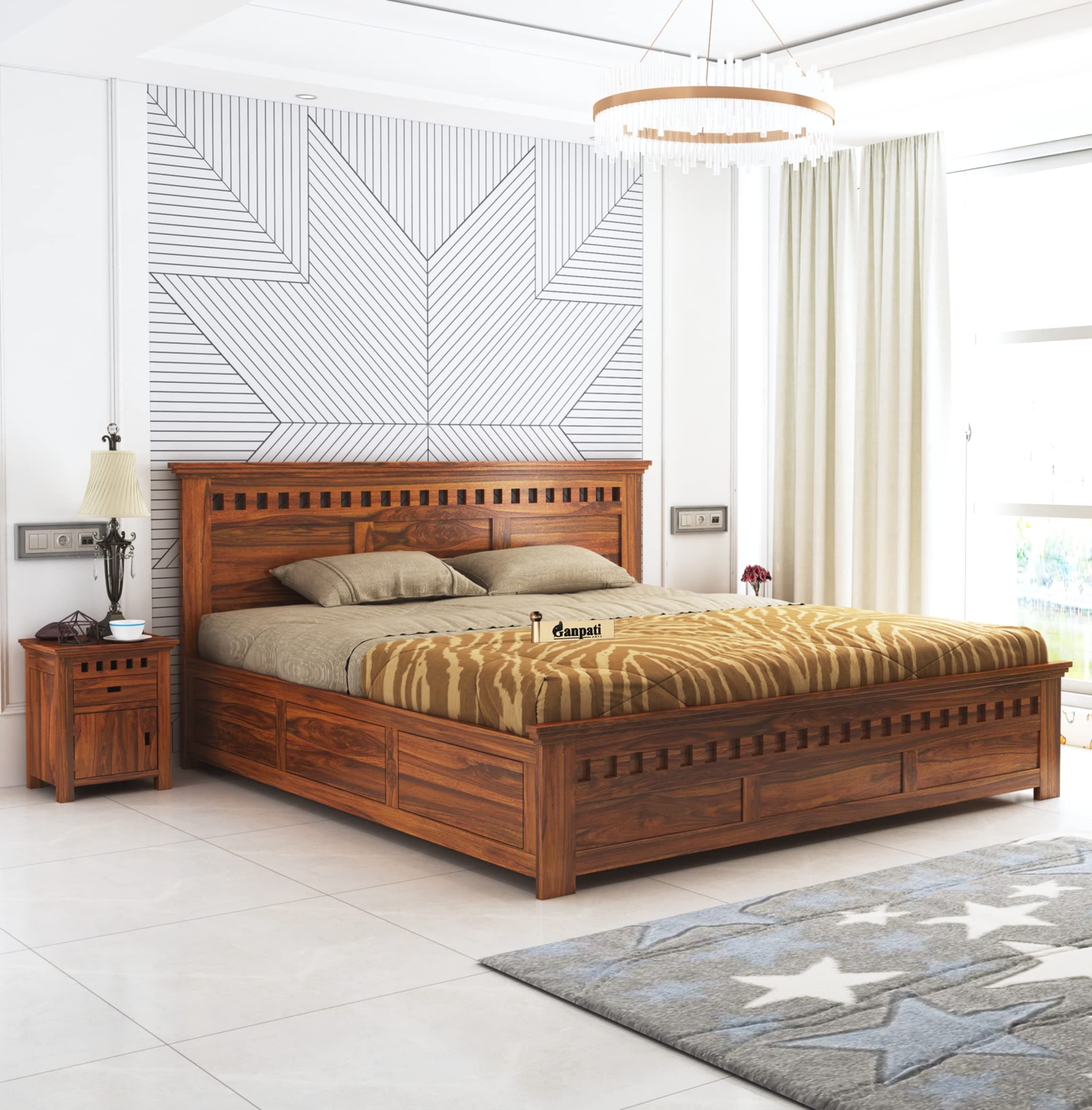 Ganpati Arts Sheesham Wood Armania Queen Size with Box Storage for Bedroom Living Room Wooden Double Bed Palang (Natural Finish)