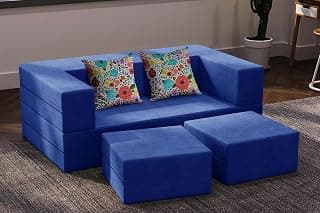 Rosebell | 5x6 Ft C-Type Sofa Cum Bed | Jute Fabric with Washable Cover | 2 Seater with 2 Pouffe for Living Room & Office | Blue Color
