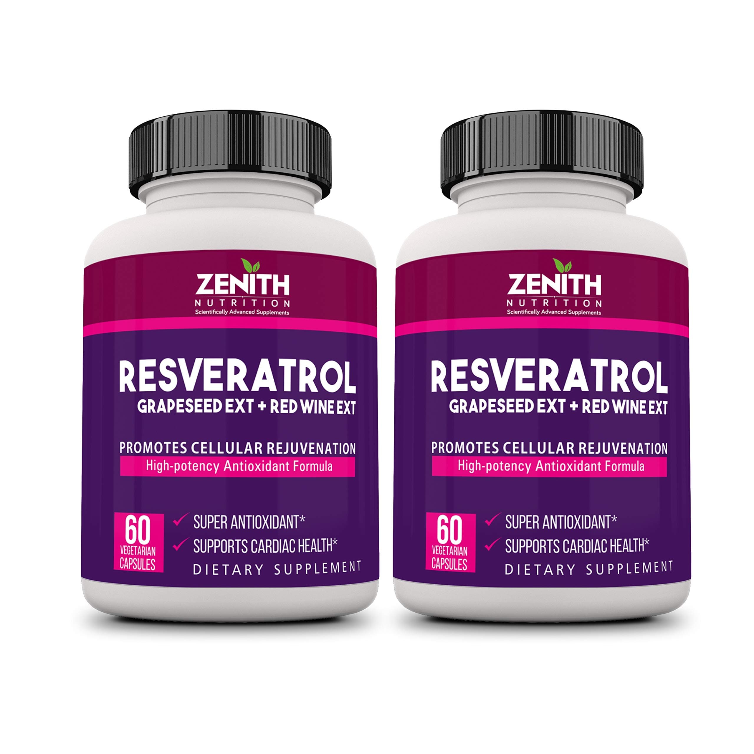 Zenith Nutrition Resveratrol,Grapeseed Ext & Redwine Extract - 120 Capsules (60 Capsules X 2 Bottles)
