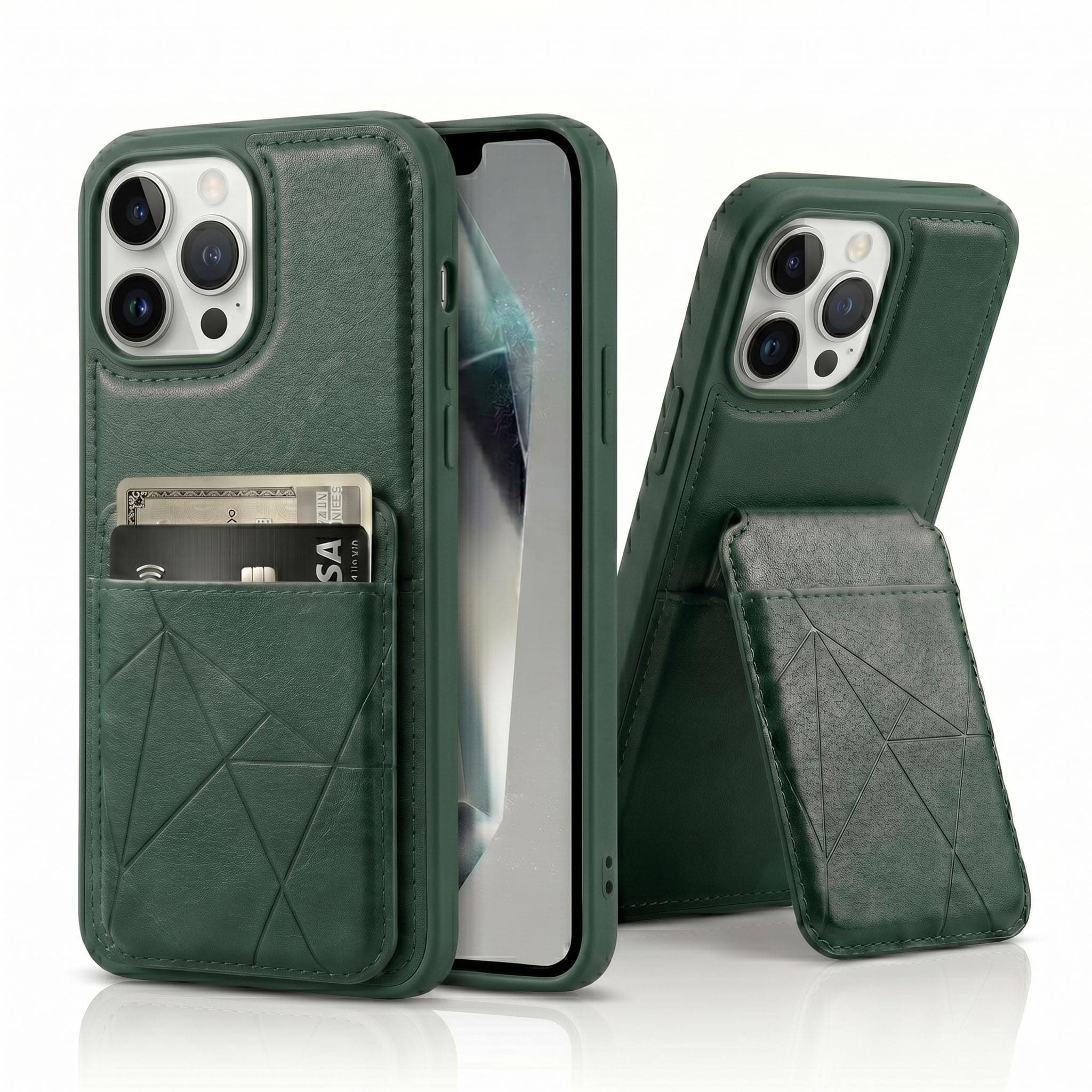 amazon basics Premium Vegan Leather Back Cover with Card Holder and Integrated Mobile Stand for iPhone 16 Pro Max – Slim Shockproof Wallet Case with Geometric Stitching [Green]