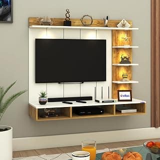 Anikaa Tyron Engineered Wood Wall-Mount TV Unit with PVC Back Panel & LED Lights | TV Cabinet with Storage Box & Decorative Shelves (Gaintwood/White) | Ideal for TVs up to 43 Inch | DIY Installation