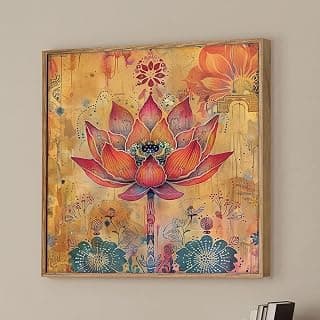 Floral Vastu Lotus Framed Canvas Wall Art Painting for Living Room | Bohemian Botanical Artwork Painting with Frame | Modern Decorative Wall Décor for Home, Bedroom & Office, 23x23 Inch