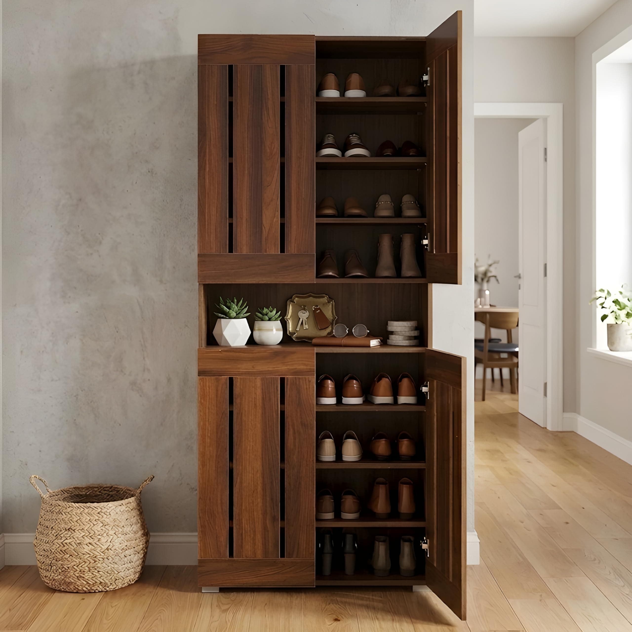 Furniva Skyline 6 Feet Wooden 2 Door Shoe Rack Cabinet | 9 Shelf Multipurpose Shoe Organizer for Home & Hallway | Engineered Wood with Airflow Slots | DIY Assembly | Fits Upto 30 Shoes (Light Walnut)