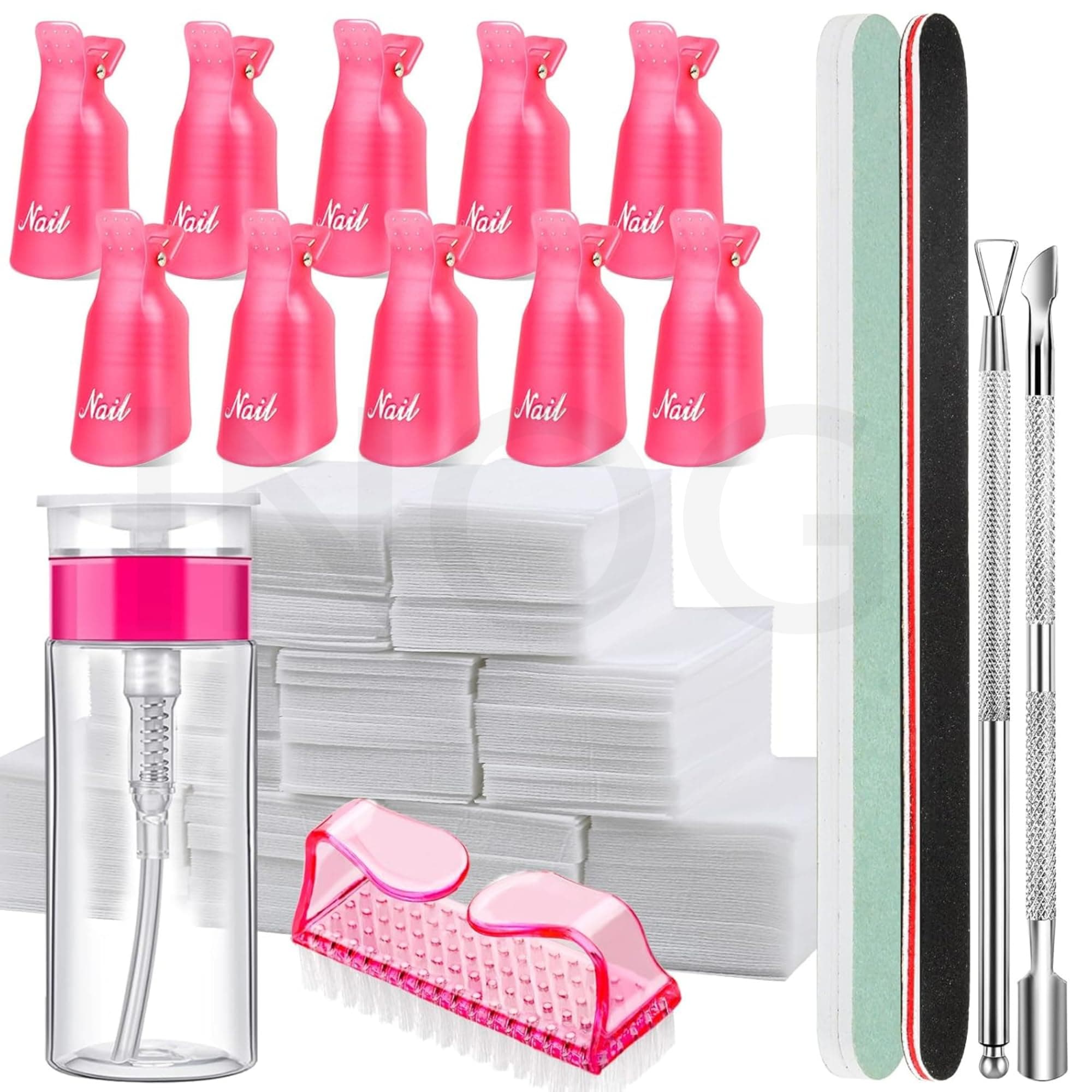 INOG Nail Polish Gel Remover Tools Kit with Nail Clips, 100ml Nail Polish Remover Bottle, 500 Nail Remover Cotton Pad, Nail Brush, Cuticle Pusher/Peeler, 100/180 Nail File,Buffer Block