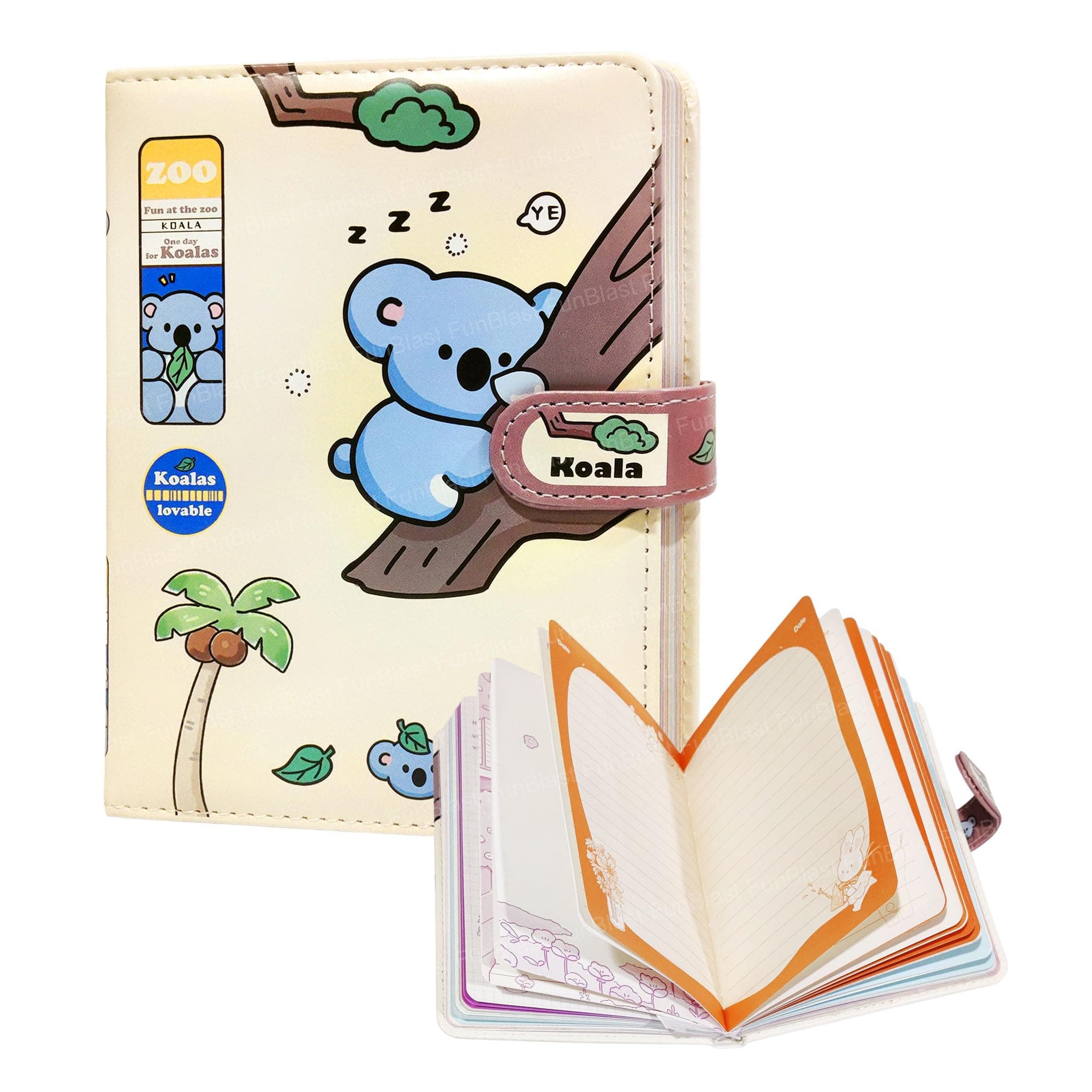 FunBlast Kawaii 3D PU Leather Diary, Notebook Color Pages Diaries with Magnetic Strap Lock, Journal Diary for Girls, Diaries Set Notebooks for Girls, Size A5 (112 Pages) (Print May Vary) (Zoo)