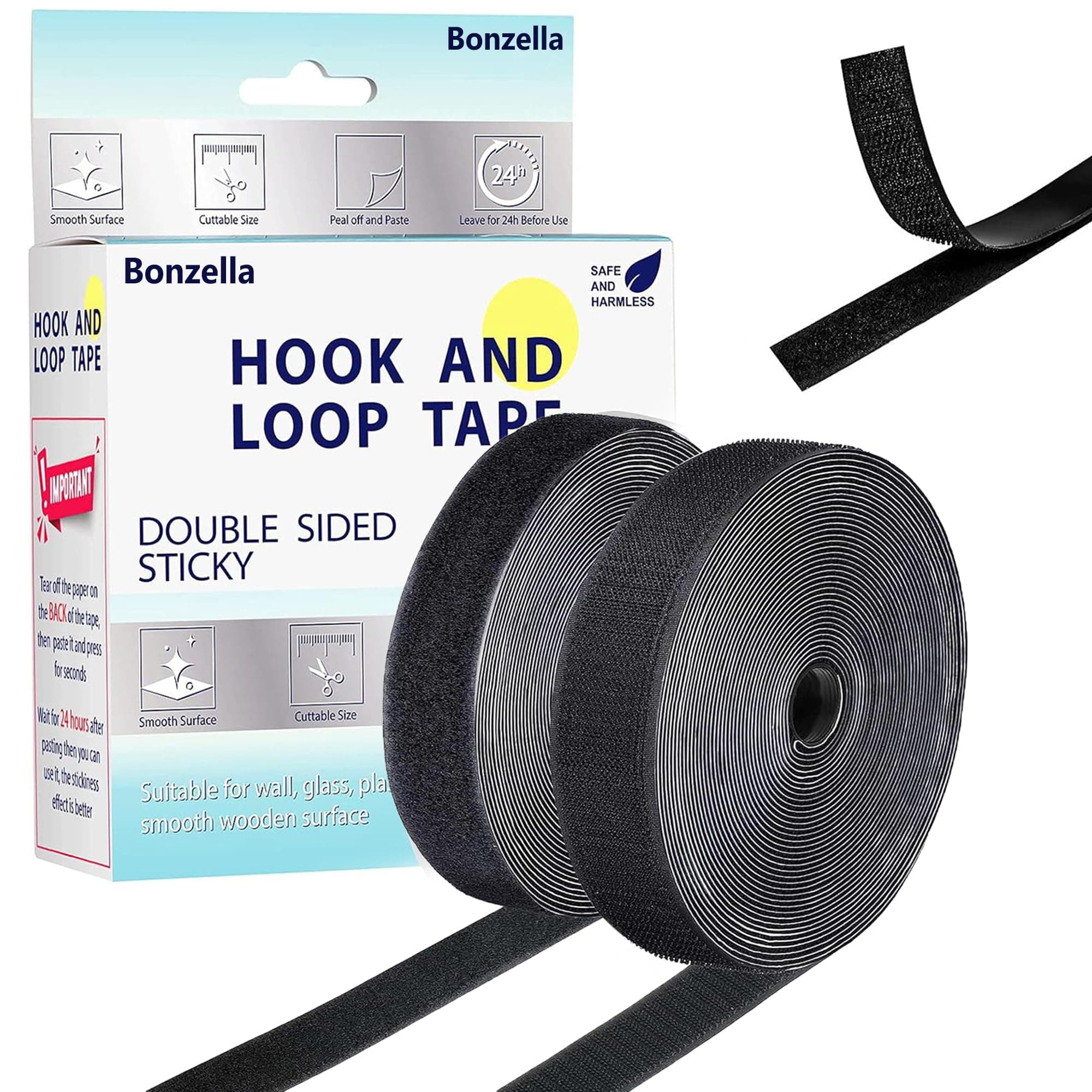 BONZELLA Self Adhesive Hook and Loop Tape, Mosquito Net Mounting Tape for Office Use, Photo Frames, Multipurpose Double Sided Adhesive Hook Loop Tape for Crafting & Wall Hanging Black (5m X 25mm)