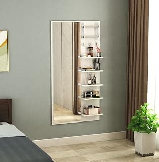 DesignFit Engineered Wood Wall Mount Dressing Rectangular Framed Table Mirror with Shelves, Bangle Holder & Hooks (White Finish)