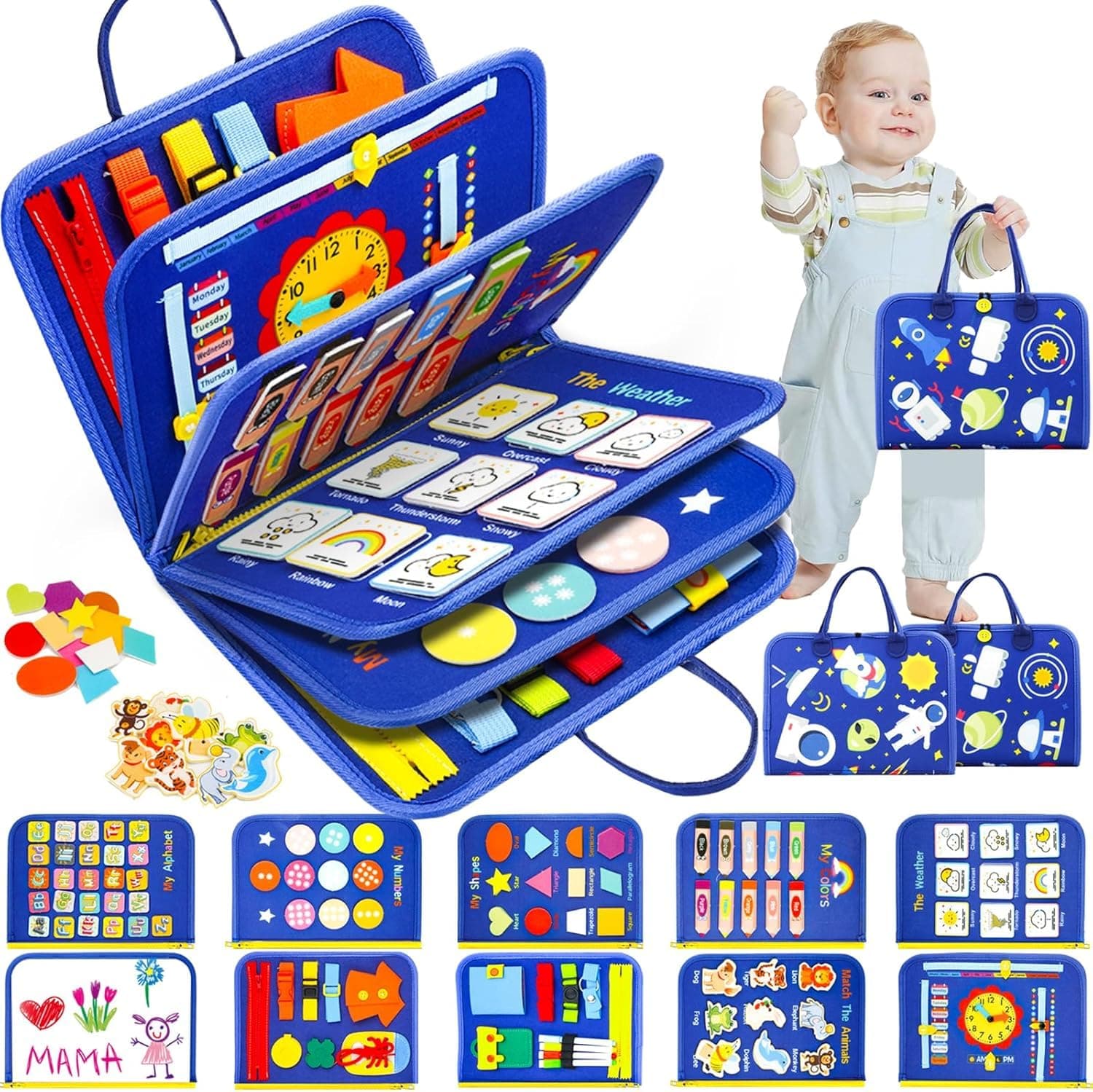 TOVIXY 12 In 1 Toddler Busy Binder & Busy Book For Toddlers 1-3 Years - Montessori Busy Board & Activity Book For Kids 2-4 - Engaging Toys For 2-3 Years - Educational Busy Book For Learning., Blue