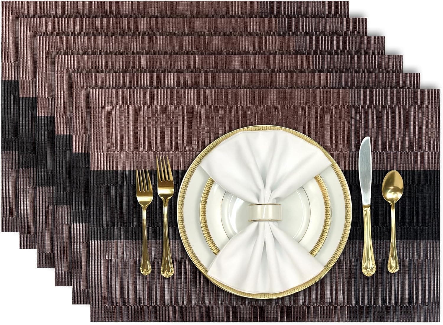 Cilveec Dining Table Mats 6 Pieces, Washable/Heat and Stain Resistant, Indoor/Outdoor Placemats, PVC Table Placemats, Brown & Black / 6 PCS
