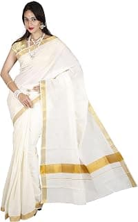 Maxis Women's Kasavu Cotton Saree with Blouse Piece (MAXIKRLPLN216_Off-White)