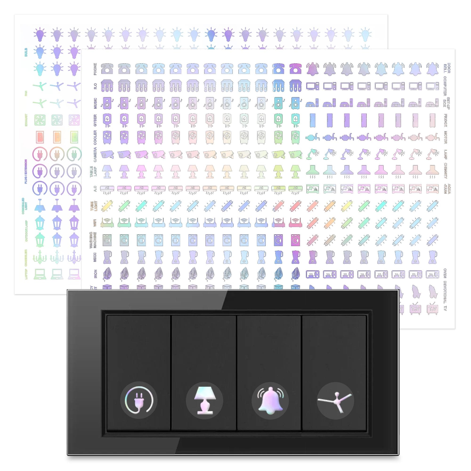 GLUN® 600 PCS Rainbow Switch Label Stickers 38 Multicolour Icons, Perfect for Identifying Electrical Switches in Home & Office