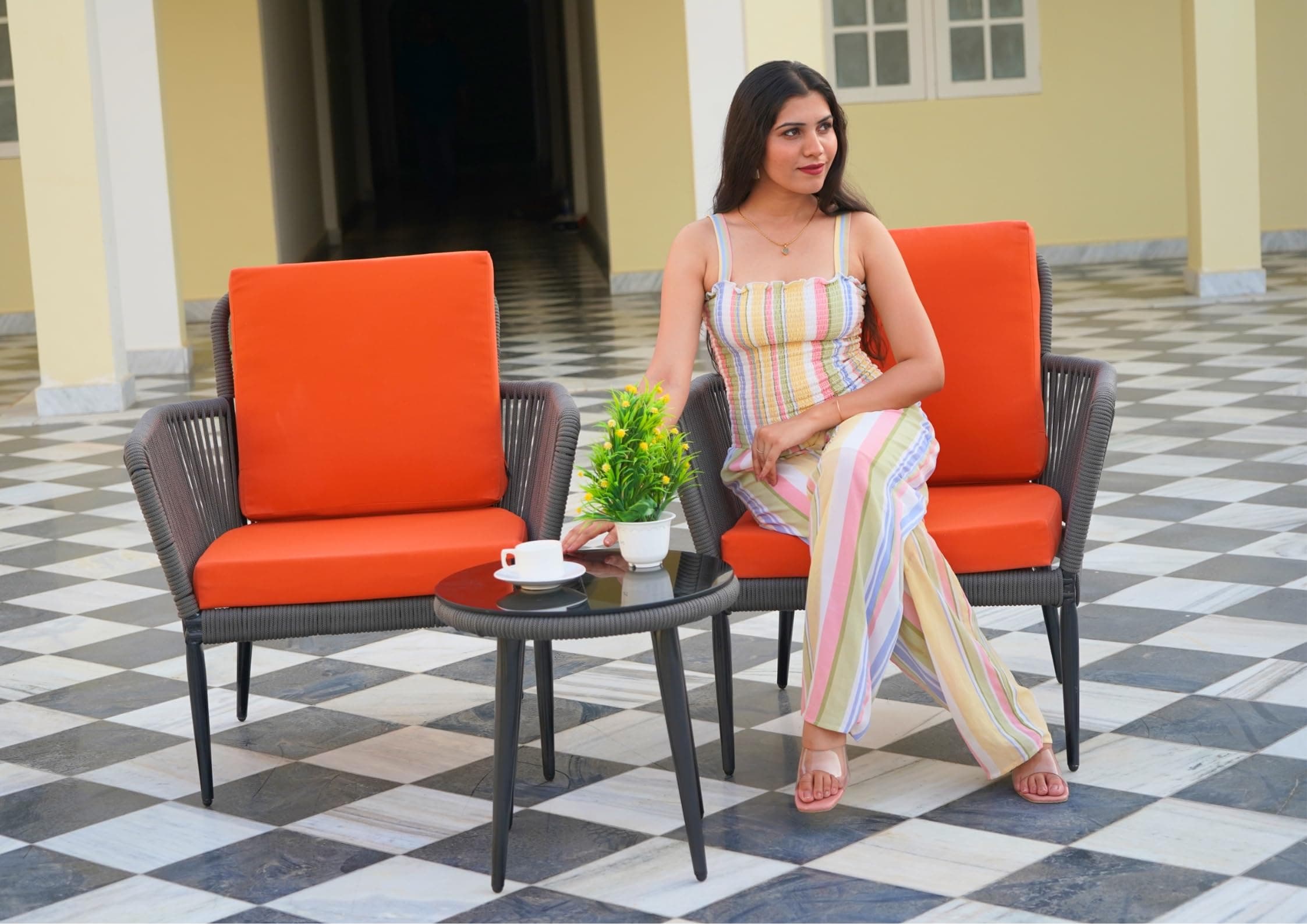 DEVOKO 3 Piece Patio Outdoor All Weather Grey Rope Chair Bistro Set Furniture with Orange Cushions for Balcony, Garden, Backyard, Porch