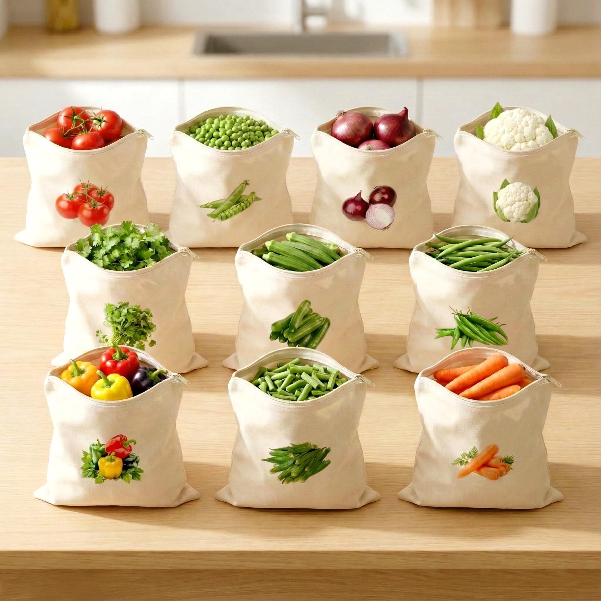 Greenfold 100% Cotton Reusable Vegetable Bags for Fridge | Eco-friendly Storage Bags for Kitchen Organizer | 10 Pcs | Washable Breathable Zipper Cloth Bags for Vegetables