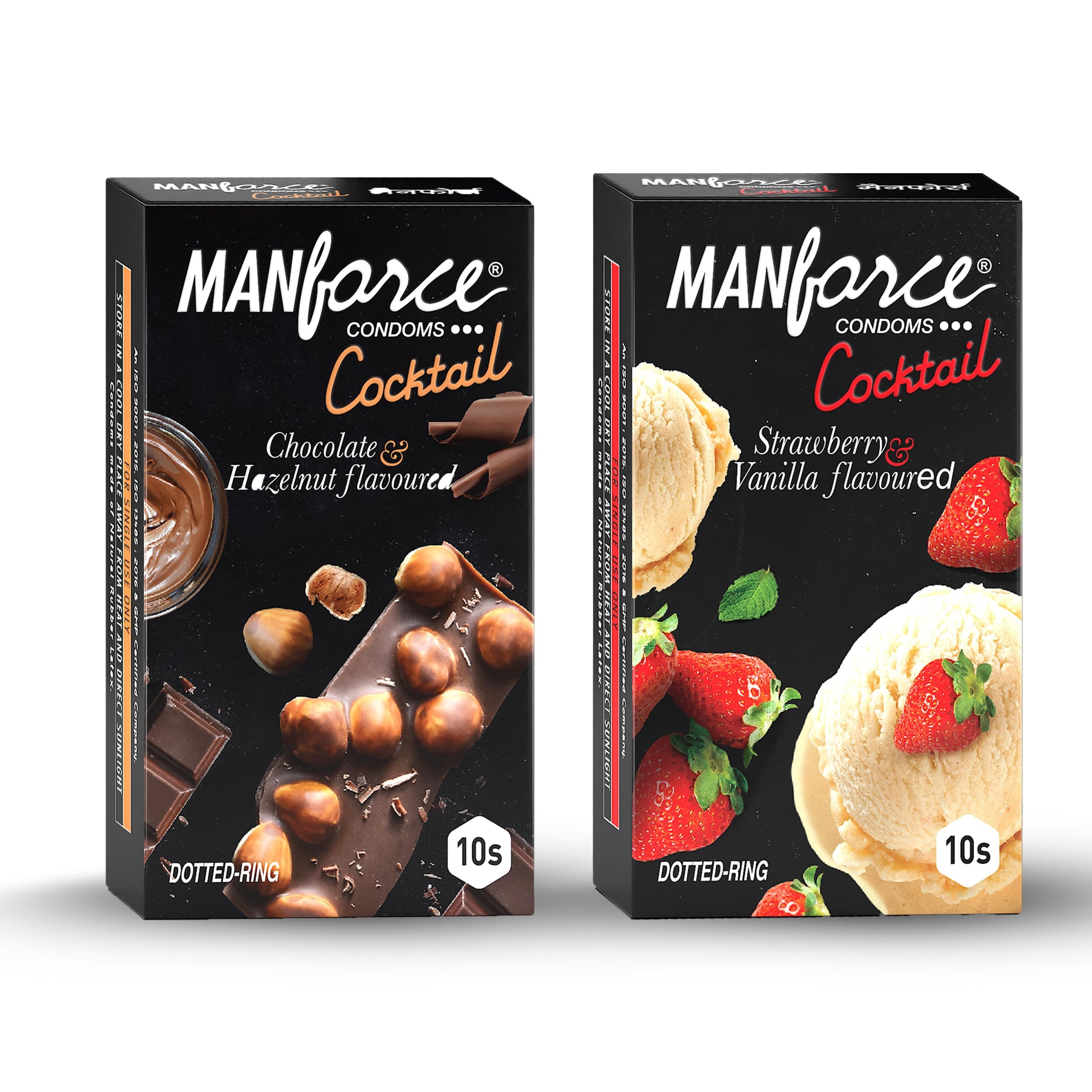 Manforce Cocktail Condoms with Dotted-Rings Combo Pack (Strawberry+ Vanilla & Chocolate+ Hazelnut)- 10 Pieces (Pack of 2)