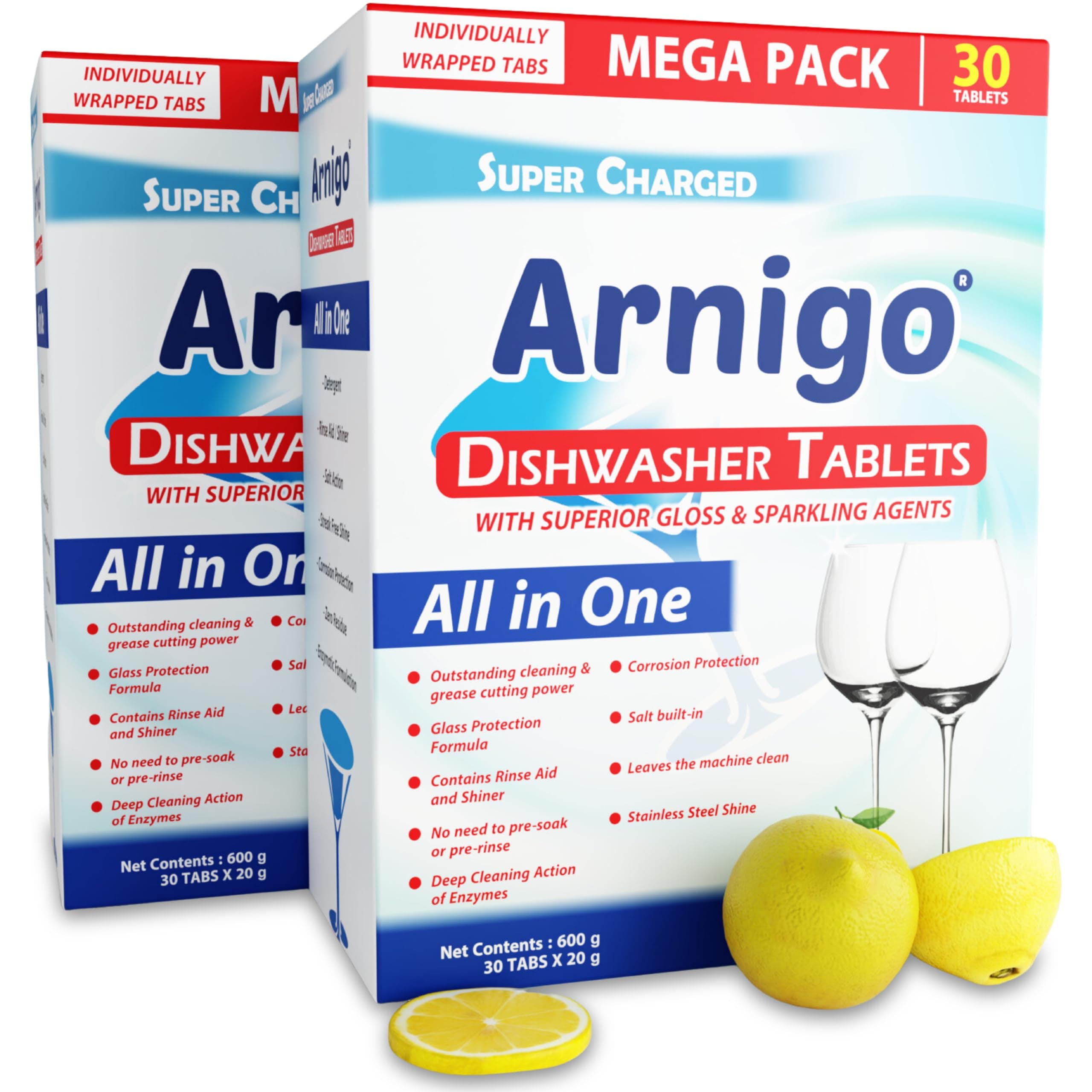 Arnigo Super Charged All In One Dishwasher Tablets for Outstanding Cleaning, Contains Rinse Aid & Shiner, Corrosion Protection, for Crystal Clear and Haze-free Shine, Dishwasher Friendly- 60 Tablets