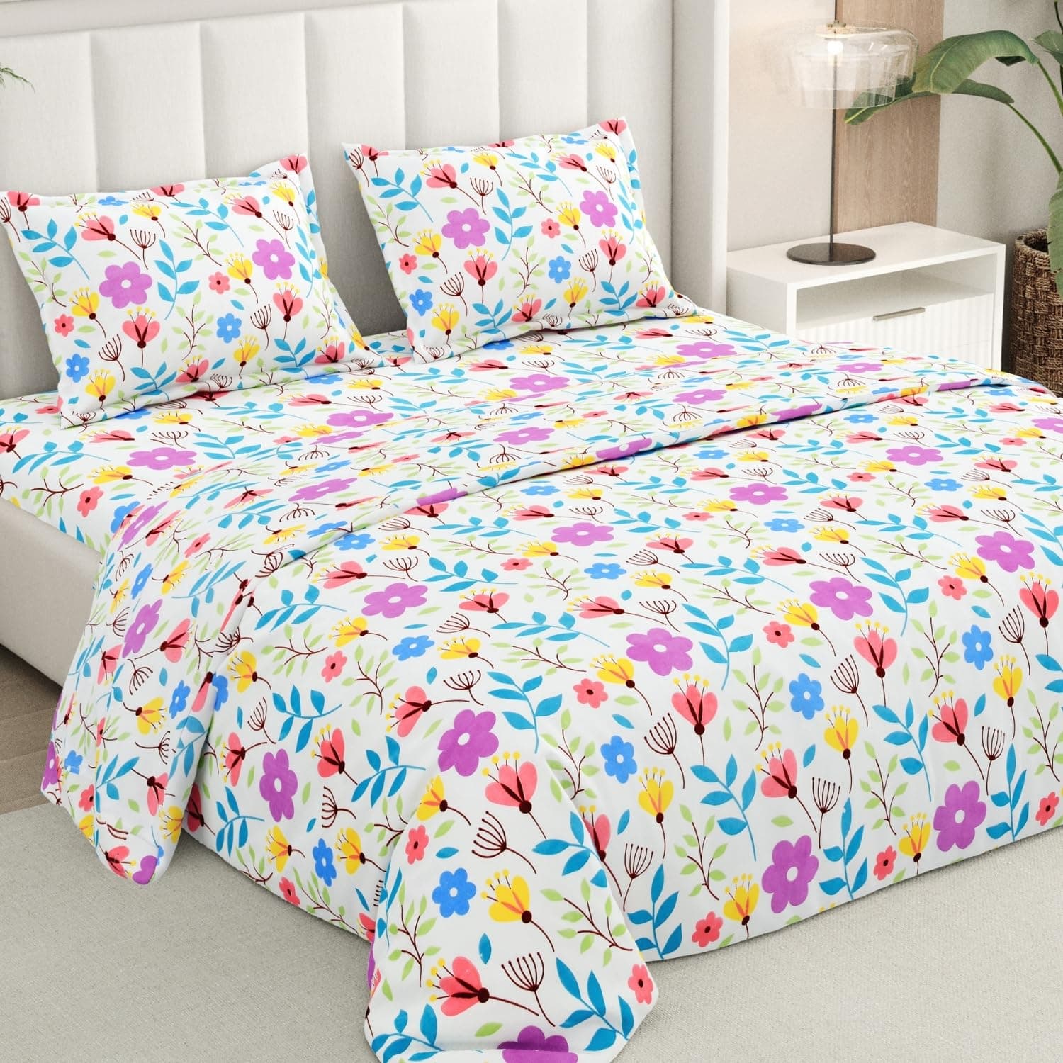 Rivermoor 200 TC Ultrasoft Cotton Bedsheet for Double Bed | Queen Size Bed Sheet with 2 Pillow Covers | White & Pink Floral | 88 x 96 Inches | Breathable & Hypoallergenic