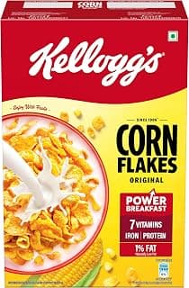 Kellogg's Corn Flakes Original | Power of 5: Energy, Protein, Iron, Calcium, Vitamins B1, B2, B3 & C | Corn Flakes, Breakfast Cereal | Naturally Cholestrol Free, 250 Gm