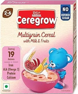 CEREGROW Multigrain Cereal with Milk & Fruits, NO Refined Sugar, from 2-6 Years, with Iron, Protein, Calcium, Omega 3, Instant Cereal, 300g, Bag-in-Box Pack