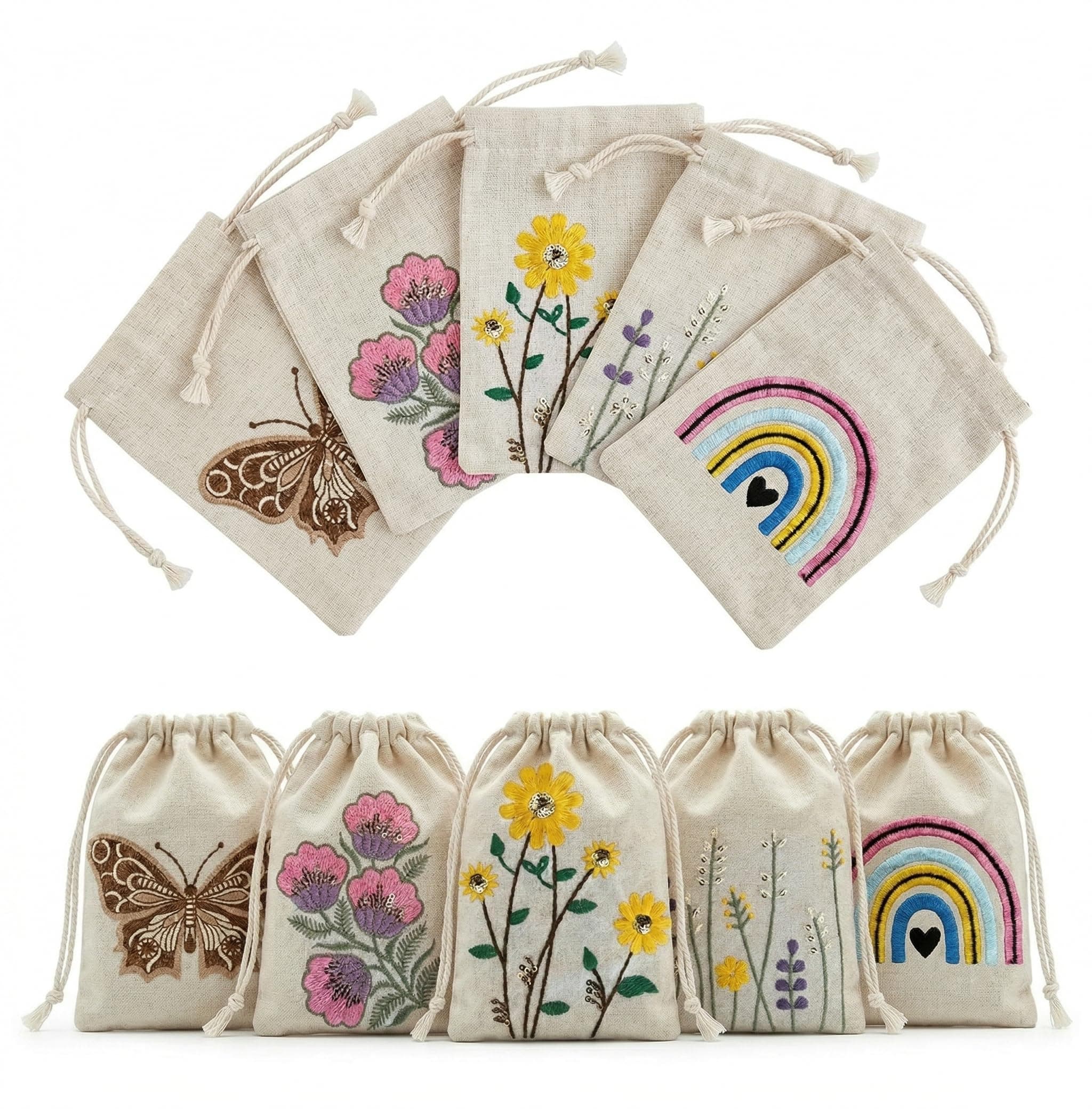 Greenfold 10 Pcs Embroidered Cotton Drawstring Pouches | Reusable Small Gift Bags for Jewelry, Coins & Return Gifts | Eco-friendly Cotton Potli Bag With String Closure | Multipurpose Organizer
