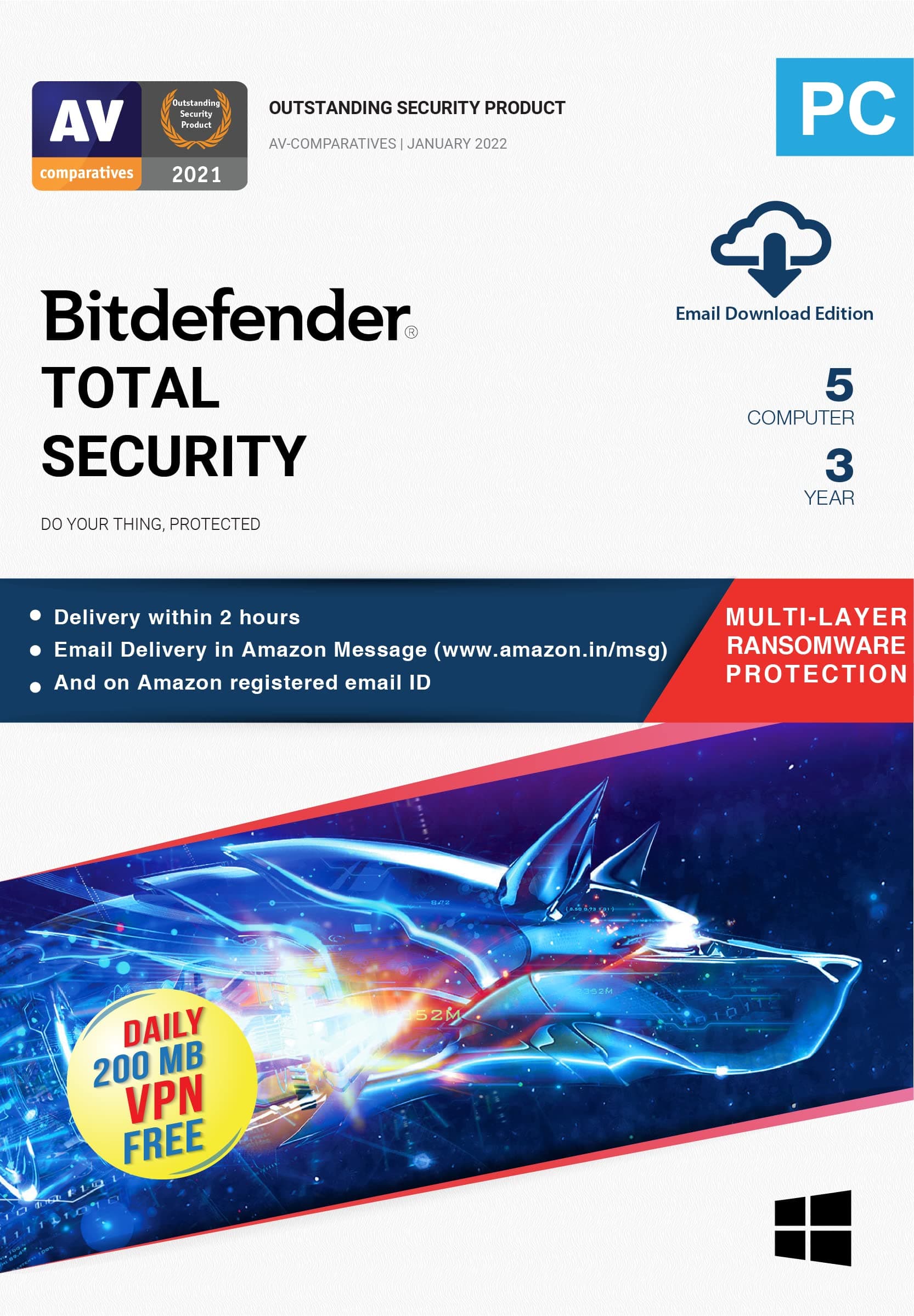 Bitdefender - 5 Computer,3 Years - Total Security | Windows | Latest Version | (Single Activation Code) Email Delivery in 2 Hours- No CD |