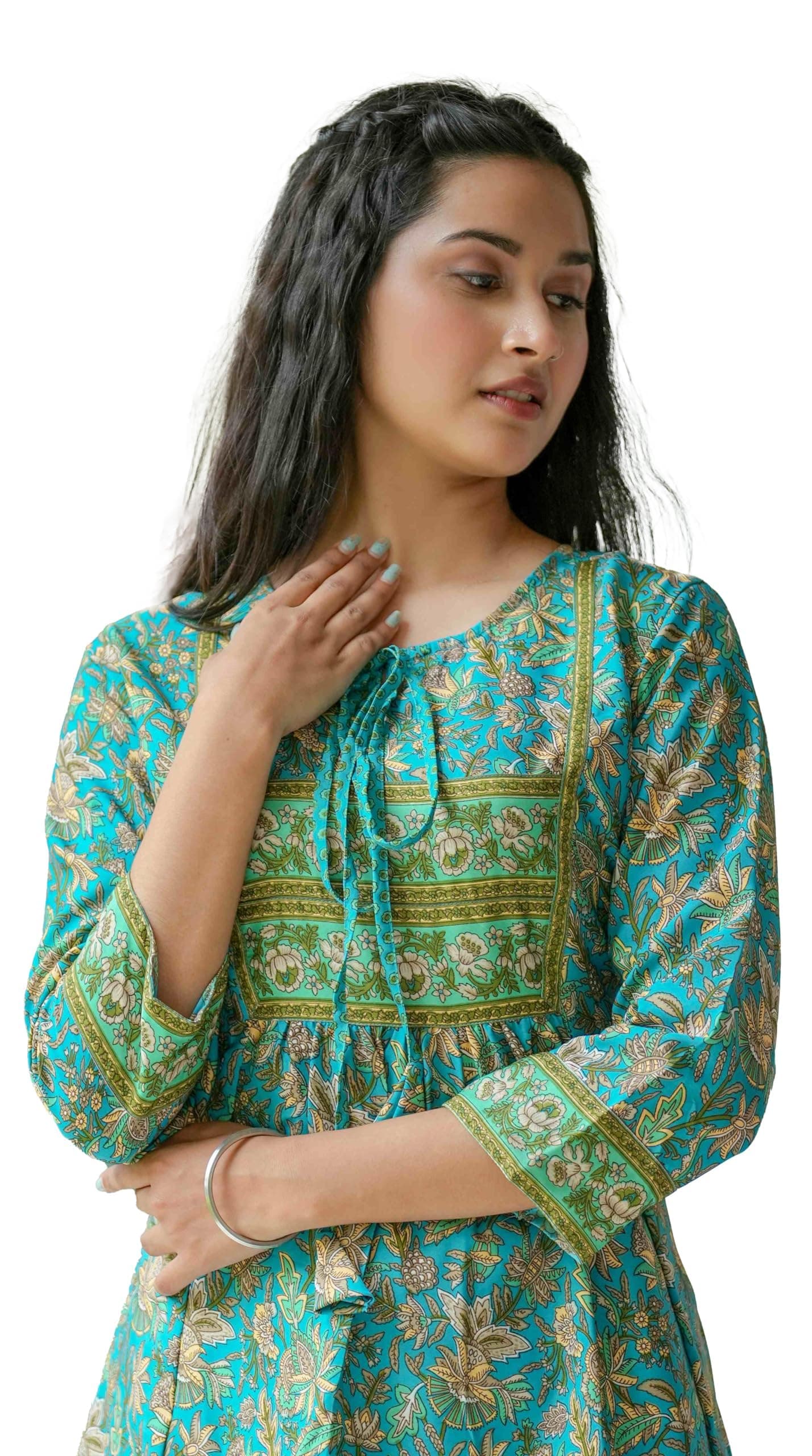 Yash Gallery Women's Polyester Relaxed Fit Short Floral Placet 3/4 Sleeve and Keyhole Neck Printed Kurti