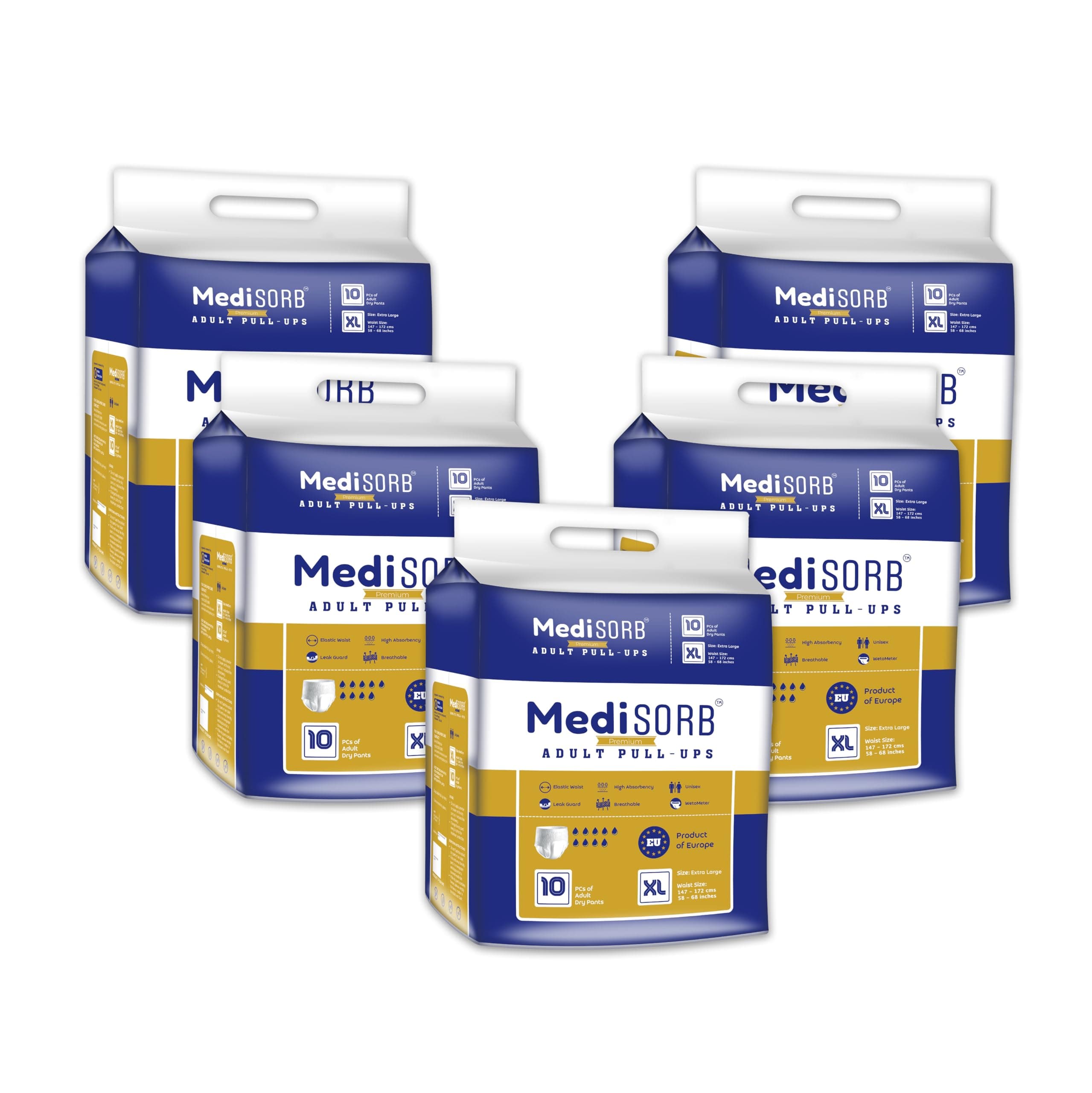 MediSORB Adult Diaper XL Pants | ExtraLarge (XL) |Waist 147-172 cm (58-68 inches) |High Absorbency 12 Hrs |Rash-Free Adult Diapers |Leakproof |Elastic Waist |Men & Women | 50 Units, Pack of 5