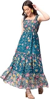 DRAPE AND DAZZLE Floral Printed Smocked Tiered Dress for Women | Maxi Dress with Square Neck for Women | Women's Floral Printed Tiered Style Maxi Dress