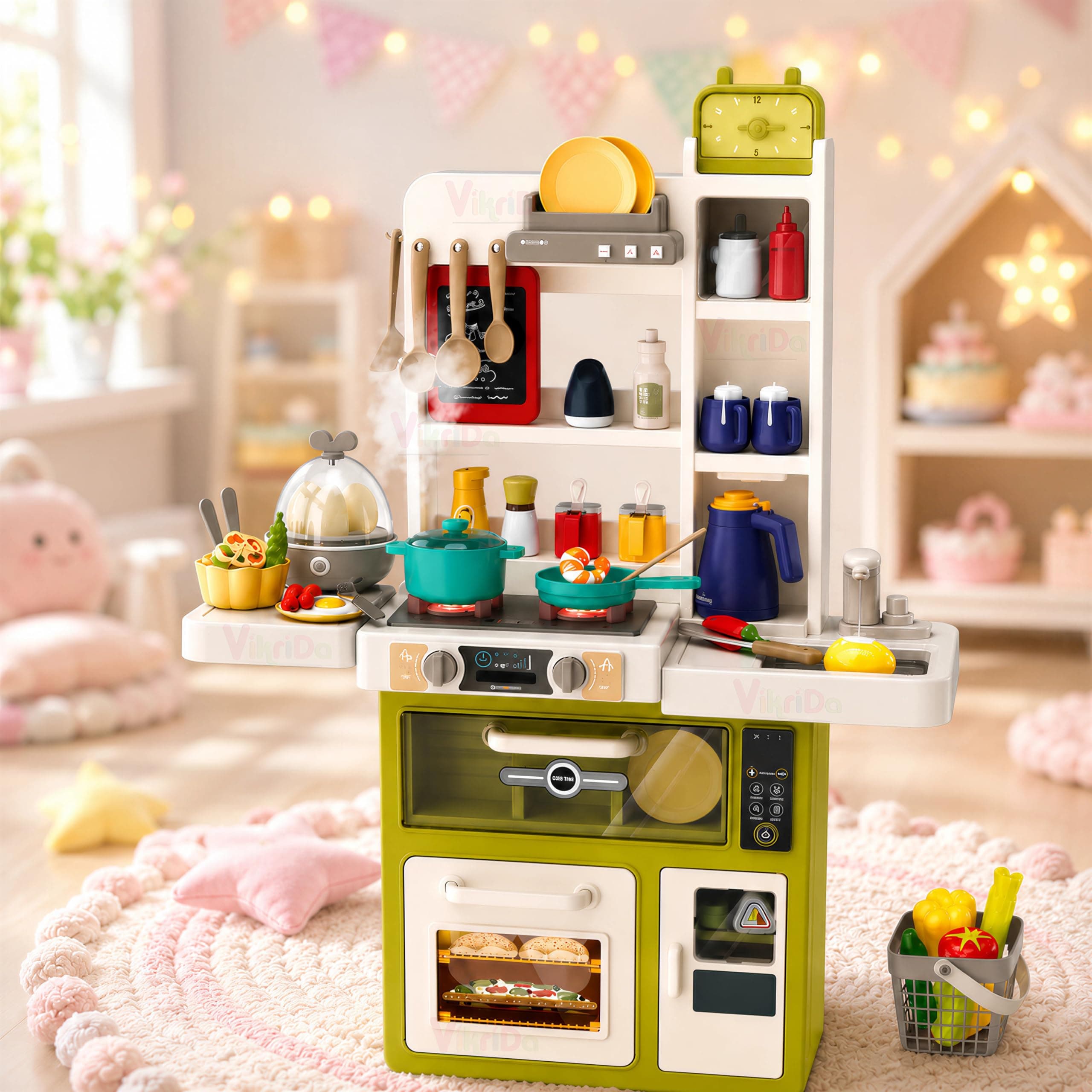 Vikrida 63pcs Pretend Play Kitchen Set, Kitchen Toys with Realistic Sound & Light, Cooking Stove, Sink, Play Food and Kitchen Accessories, Pretend Kitchen Playset Gifts for Girls Boys - Multicolor