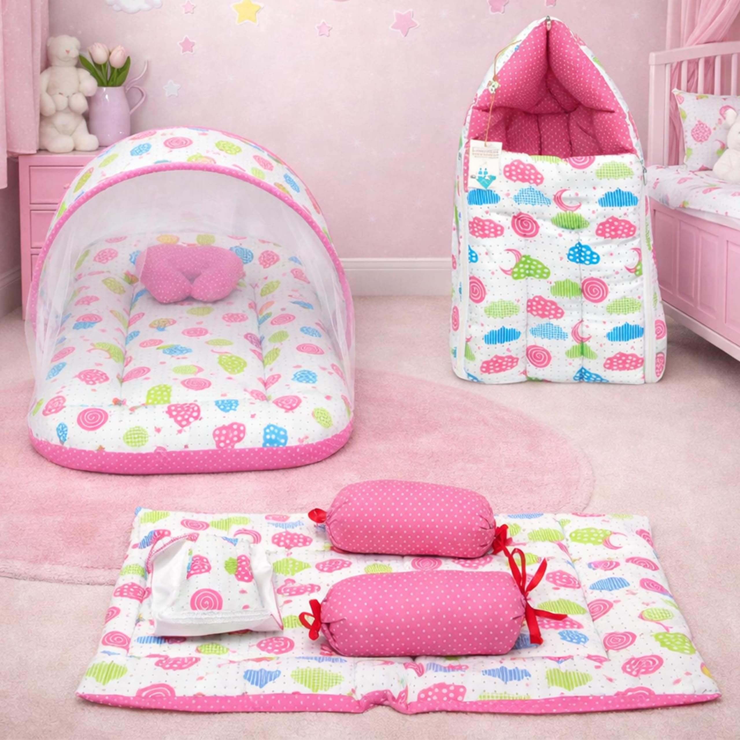 Infantbond Baby Mattress with net | Baby Carry Bag | 4 Pcs Bedding Set | Peach Sprial (0-6 Months)(Full Set)