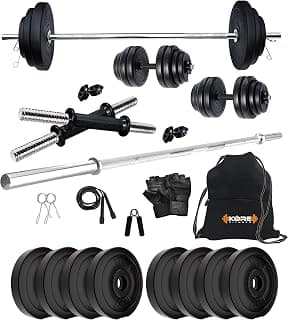Kore PVC 10-50 Kg Home Gym Set with One 4 Ft Plain and One Pair Dumbbell Rods with Gym Accessories