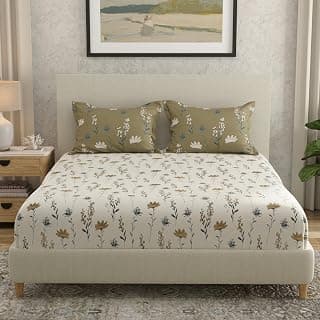 HUESLAND by Ahmedabad Cotton 144 TC Double Bedsheet Cotton with 2 Pillow Covers | White, Olive Green & Grey