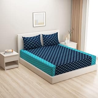 Swayam Pure Cotton King Fitted Bedsheet with 2 Pillow Covers | Size 72 x 78 x 10 inch | 200 TC | Ethnic Motifs Design | Soft Breathable Bed Sheet | Comfortable & Durable for Bedroom - Blue